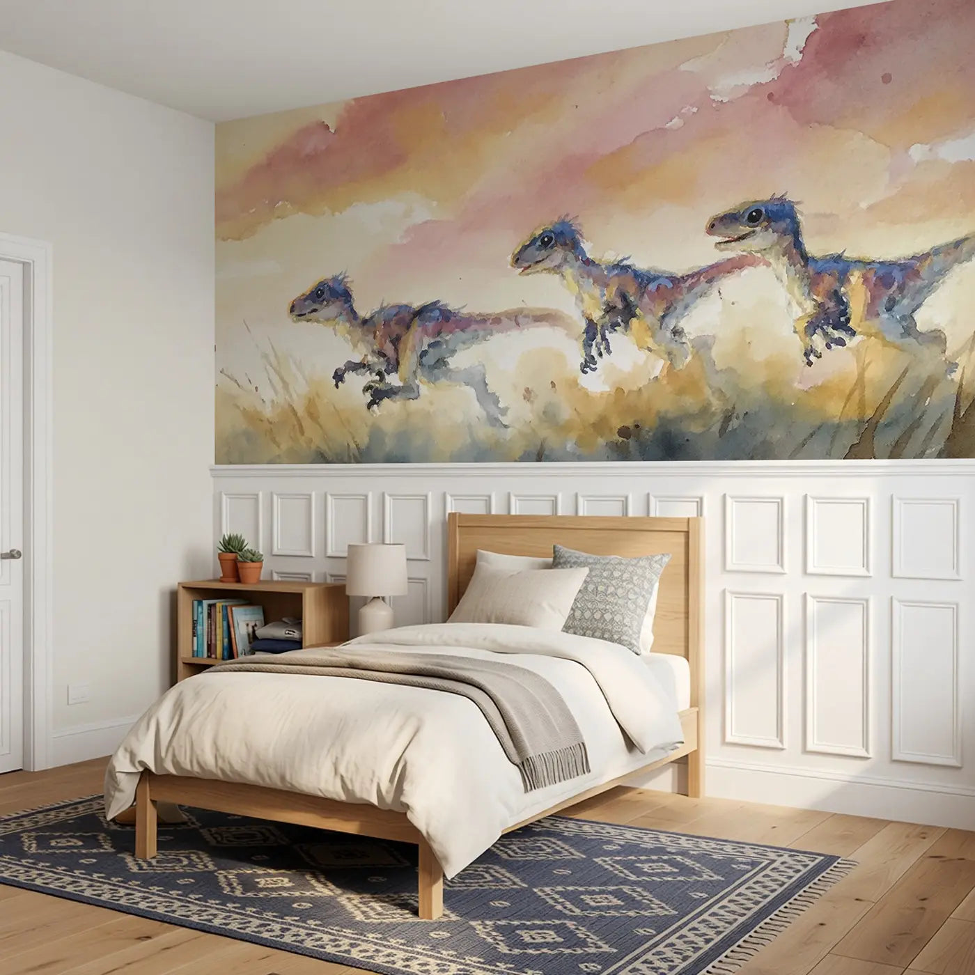 Velociraptor Playful Sunrise Wainscoting Wallpaper styled in a kids bedroom by Whimsy Tots