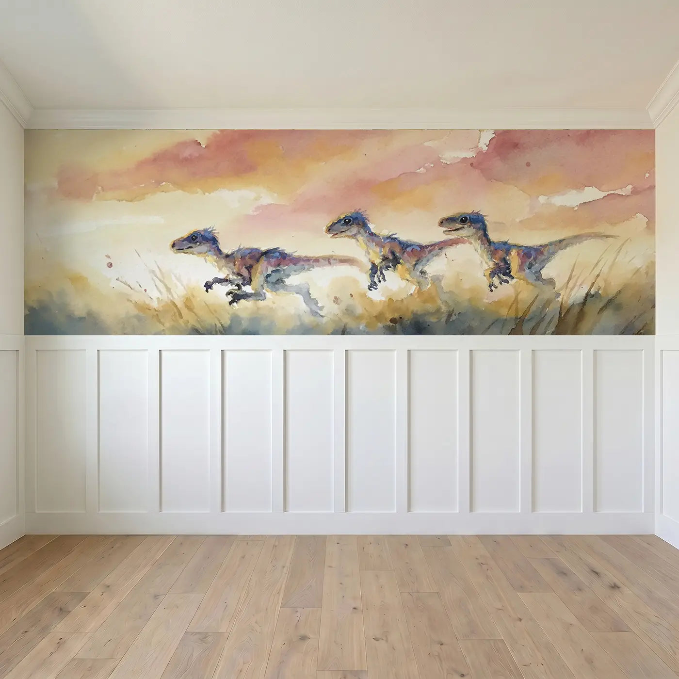 Full panel view of Velociraptor Playful Sunrise Wainscoting Wallpaper by Whimsy Tots