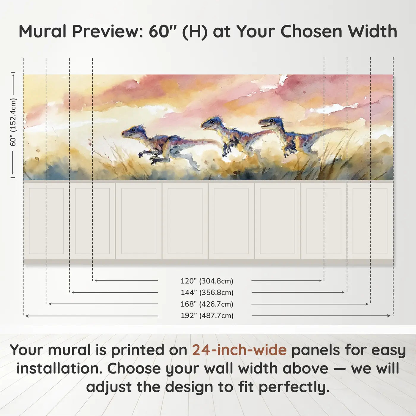 Panel dimensions for Velociraptor Playful Sunrise Wainscoting Wallpaper by Whimsy Tots