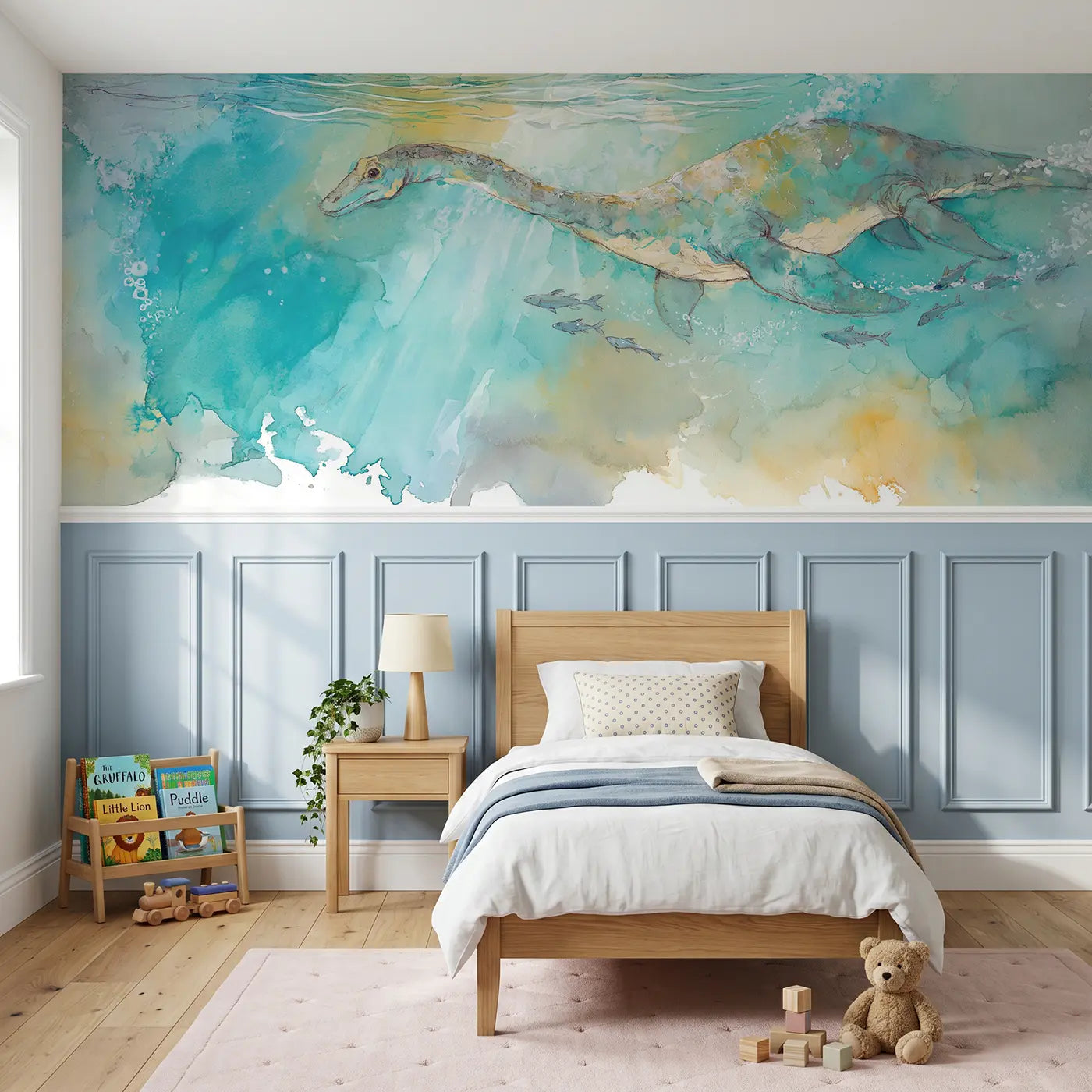 Watercolor plesiosaurus ocean swim wainscoting wallpaper for bedroom by Whimsy Tots.
