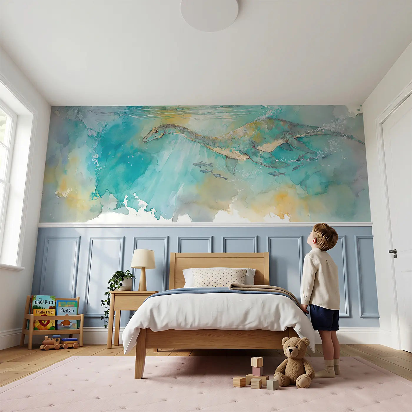 Child reading near Plesiosaurus Ocean Swim Wainscoting Wallpaper by Whimsy Tots