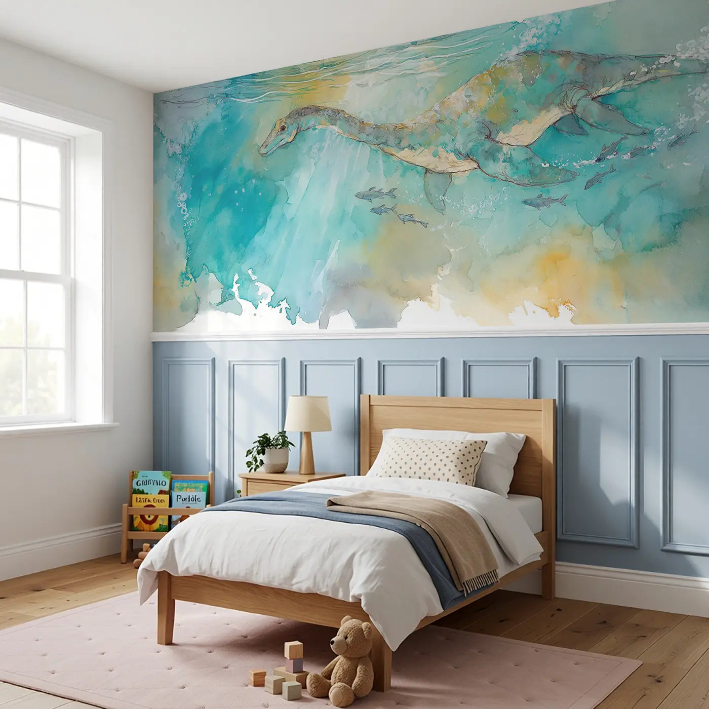 Plesiosaurus Ocean Swim Wainscoting Wallpaper styled in a kids bedroom by Whimsy Tots