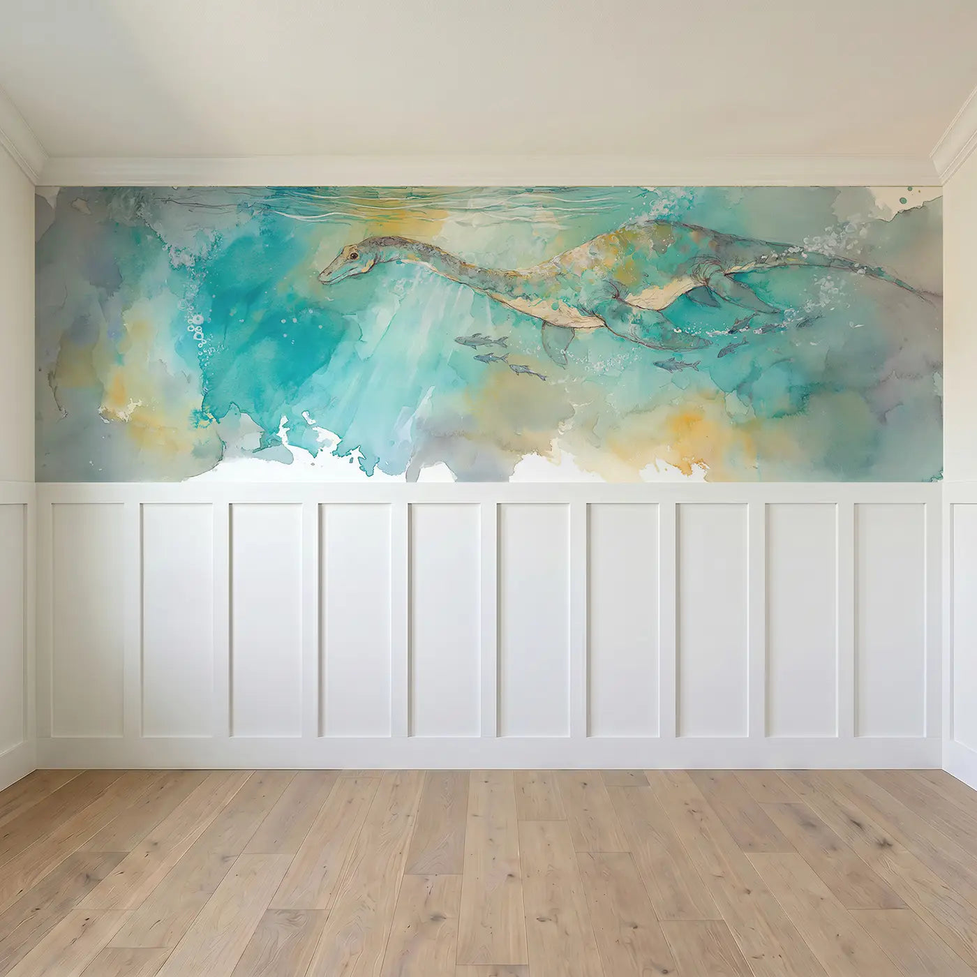 Full panel view of Plesiosaurus Ocean Swim Wainscoting Wallpaper by Whimsy Tots