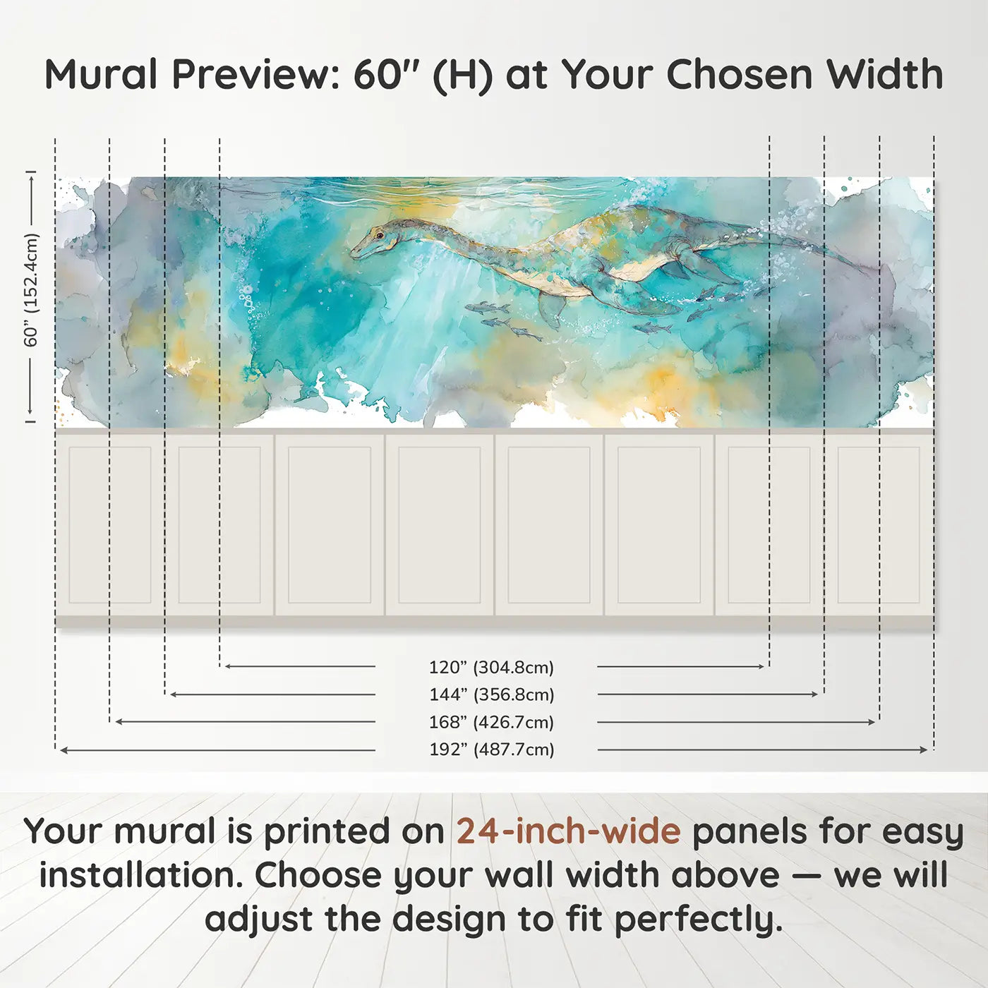 Panel dimensions for Plesiosaurus Ocean Swim Wainscoting Wallpaper by Whimsy Tots