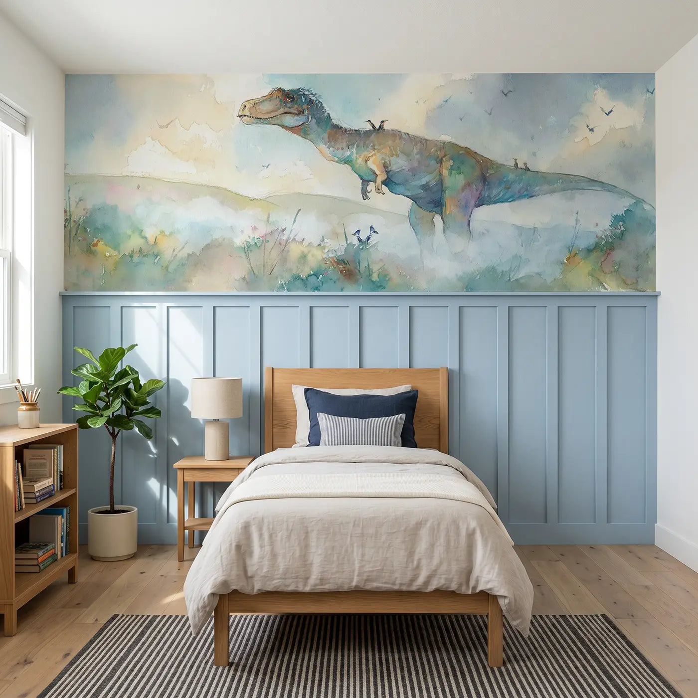 Watercolor allosaurus misty morning wainscoting wallpaper for bedroom by Whimsy Tots.