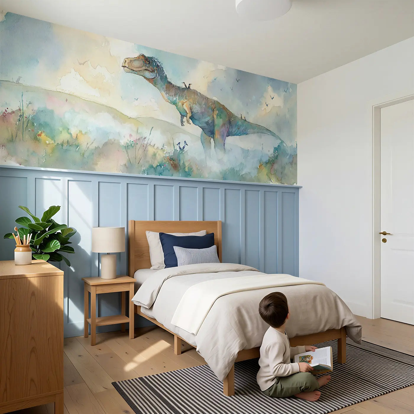 Child reading near Allosaurus Misty Morning Wainscoting Wallpaper by Whimsy Tots