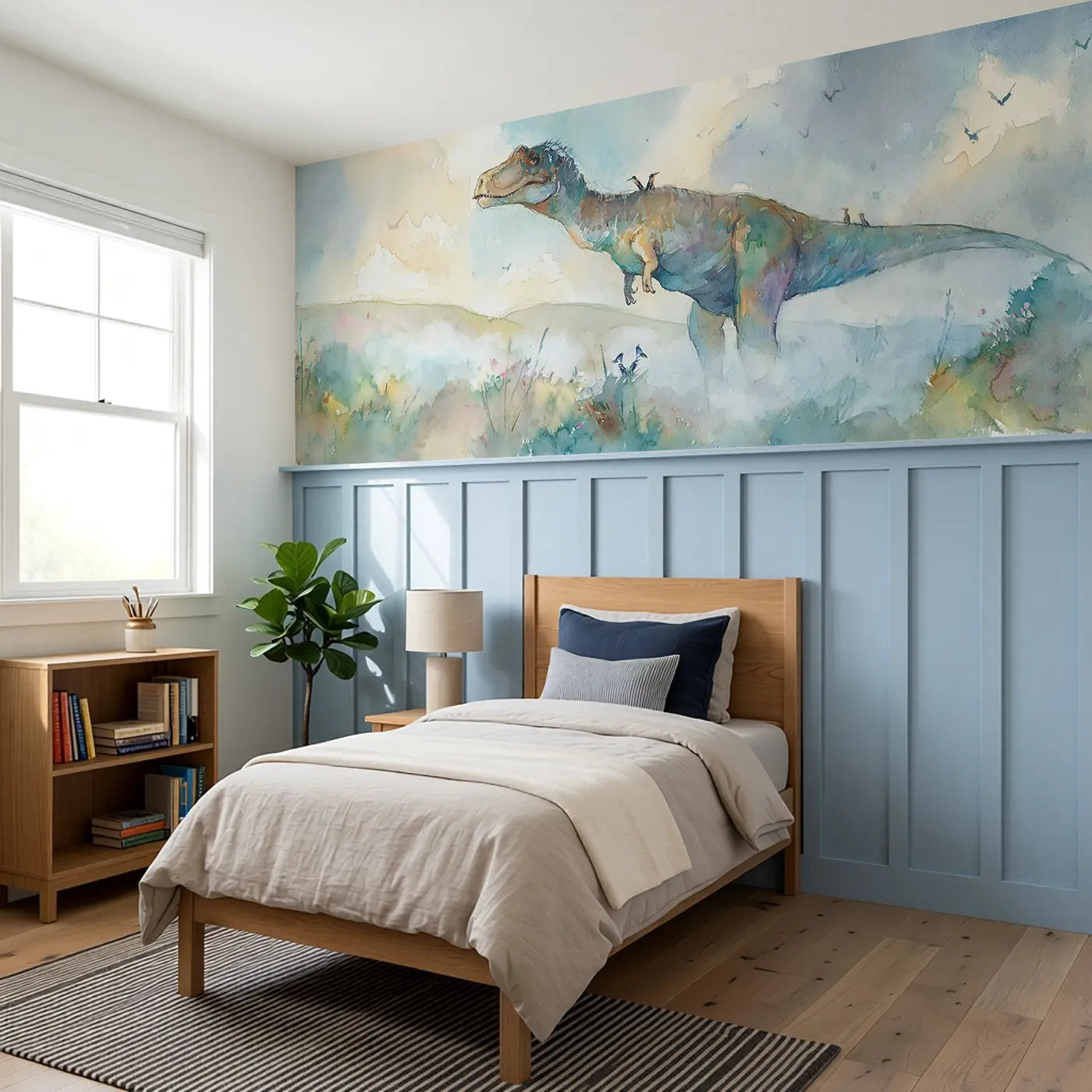 Allosaurus Misty Morning Wainscoting Wallpaper styled in a kids bedroom by Whimsy Tots