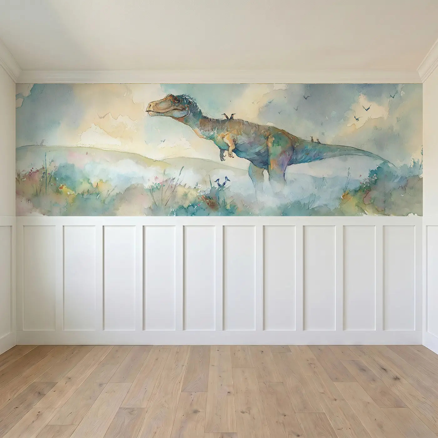 Full panel view of Allosaurus Misty Morning Wainscoting Wallpaper by Whimsy Tots