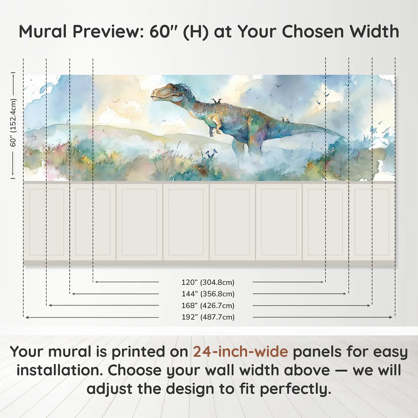 Panel dimensions for Allosaurus Misty Morning Wainscoting Wallpaper by Whimsy Tots