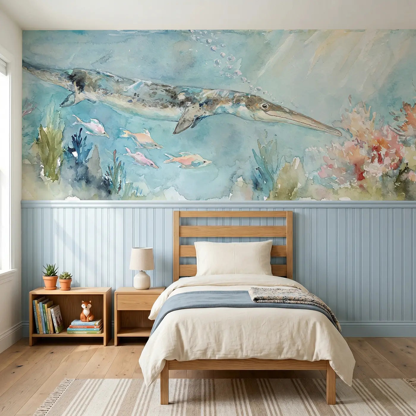 Watercolor ichthyosaurus coral garden wainscoting wallpaper for bedroom by Whimsy Tots.