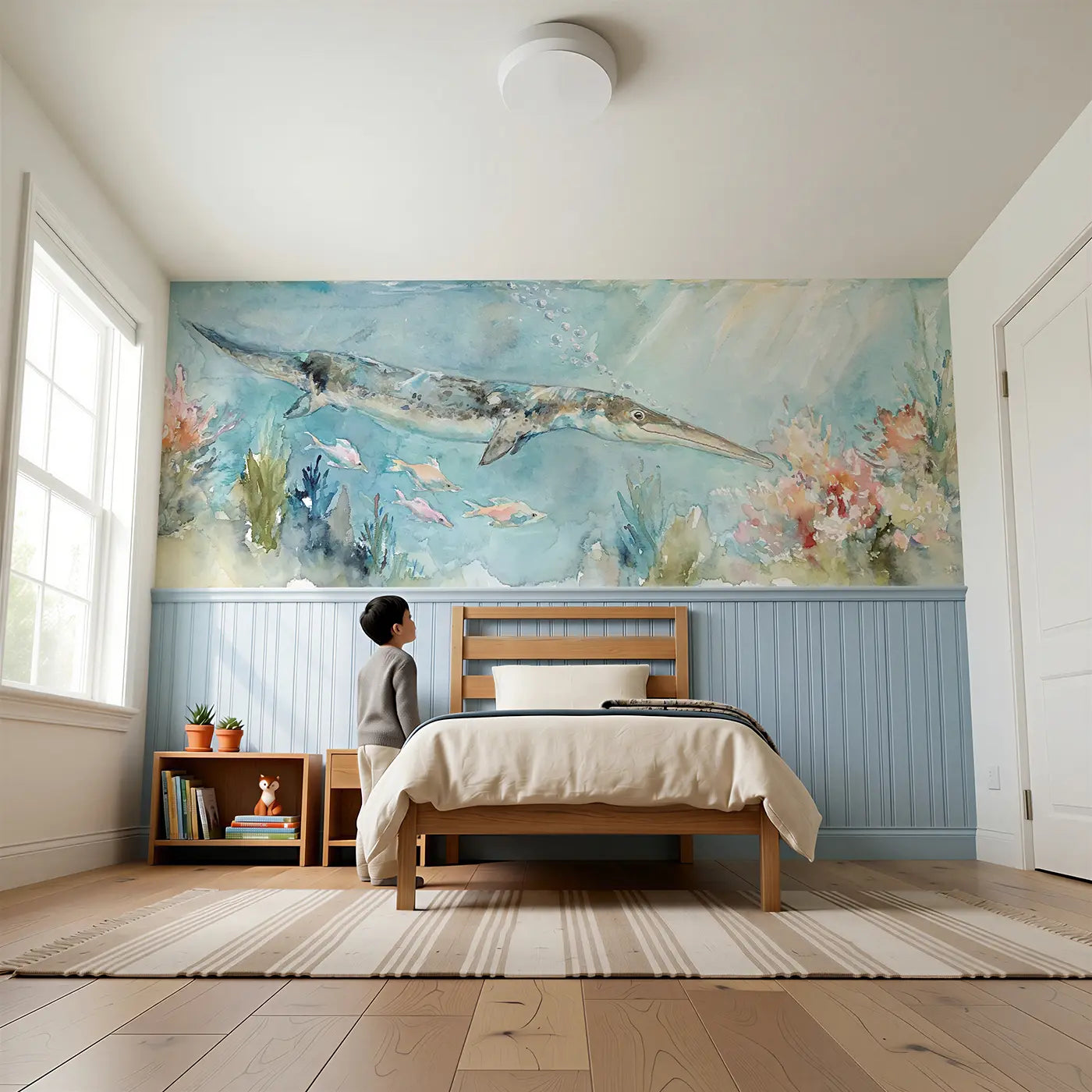 Child reading near Ichthyosaurus Coral Garden Wainscoting Wallpaper by Whimsy Tots