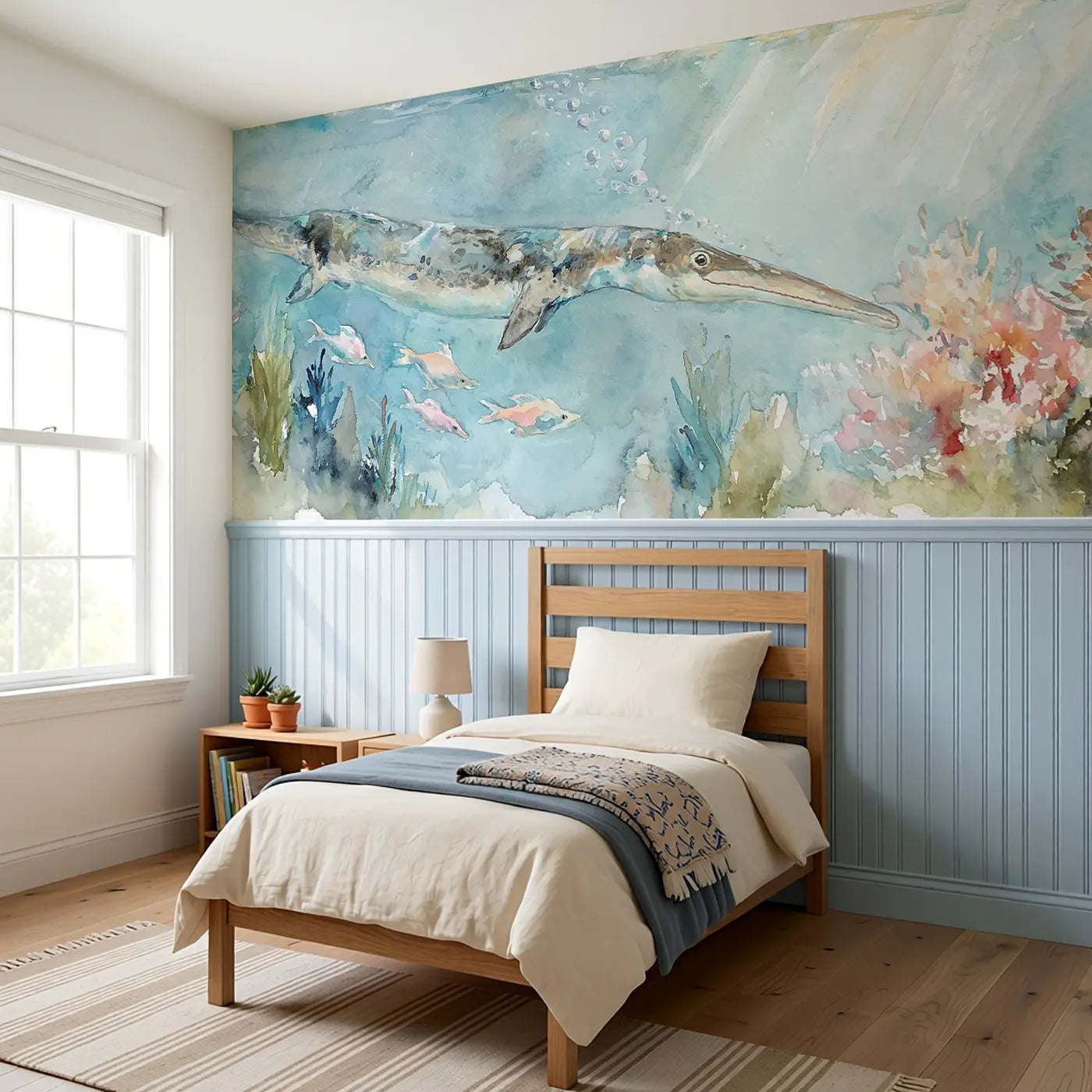 Ichthyosaurus Coral Garden Wainscoting Wallpaper styled in a kids bedroom by Whimsy Tots