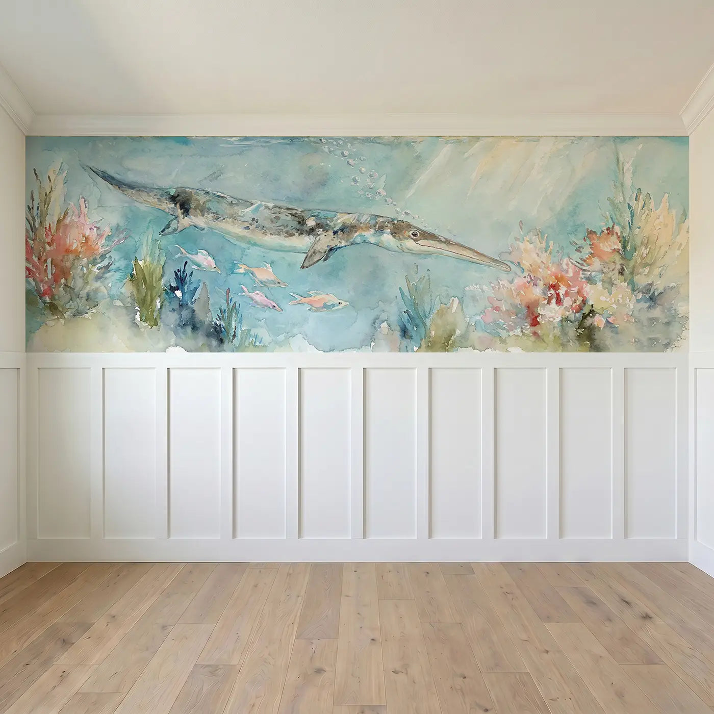 Full panel view of Ichthyosaurus Coral Garden Wainscoting Wallpaper by Whimsy Tots