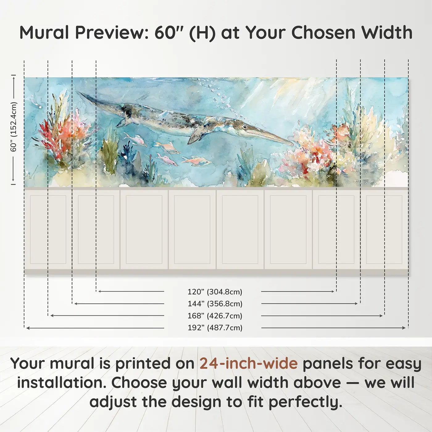 Panel dimensions for Ichthyosaurus Coral Garden Wainscoting Wallpaper by Whimsy Tots