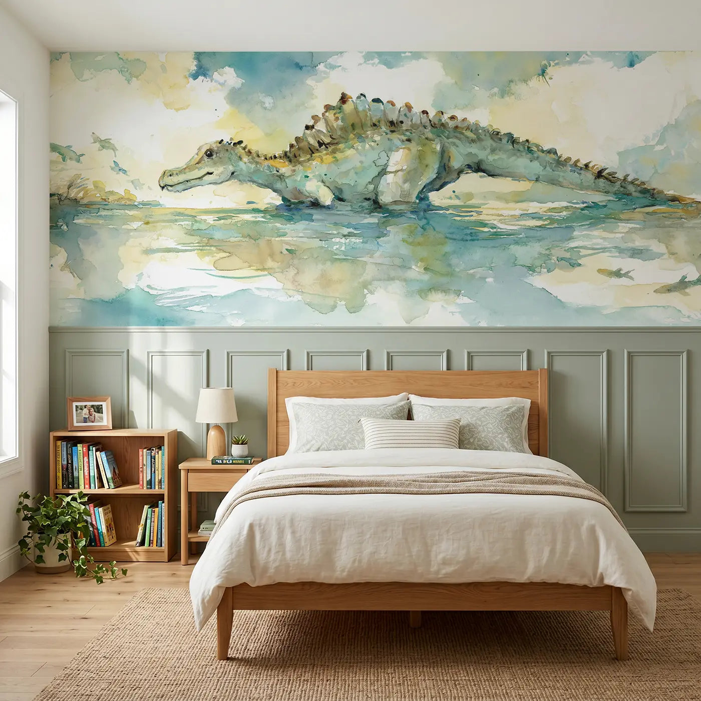 Watercolor spinosaurus river soft glide wainscoting wallpaper for bedroom by Whimsy Tots.