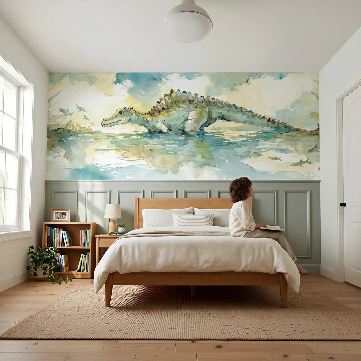 Child reading near Spinosaurus River Soft Glide Wainscoting Wallpaper by Whimsy Tots