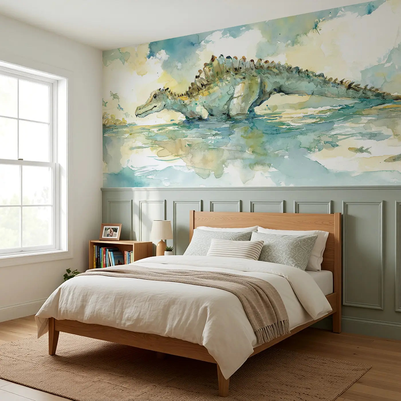Spinosaurus River Soft Glide Wainscoting Wallpaper styled in a kids bedroom by Whimsy Tots