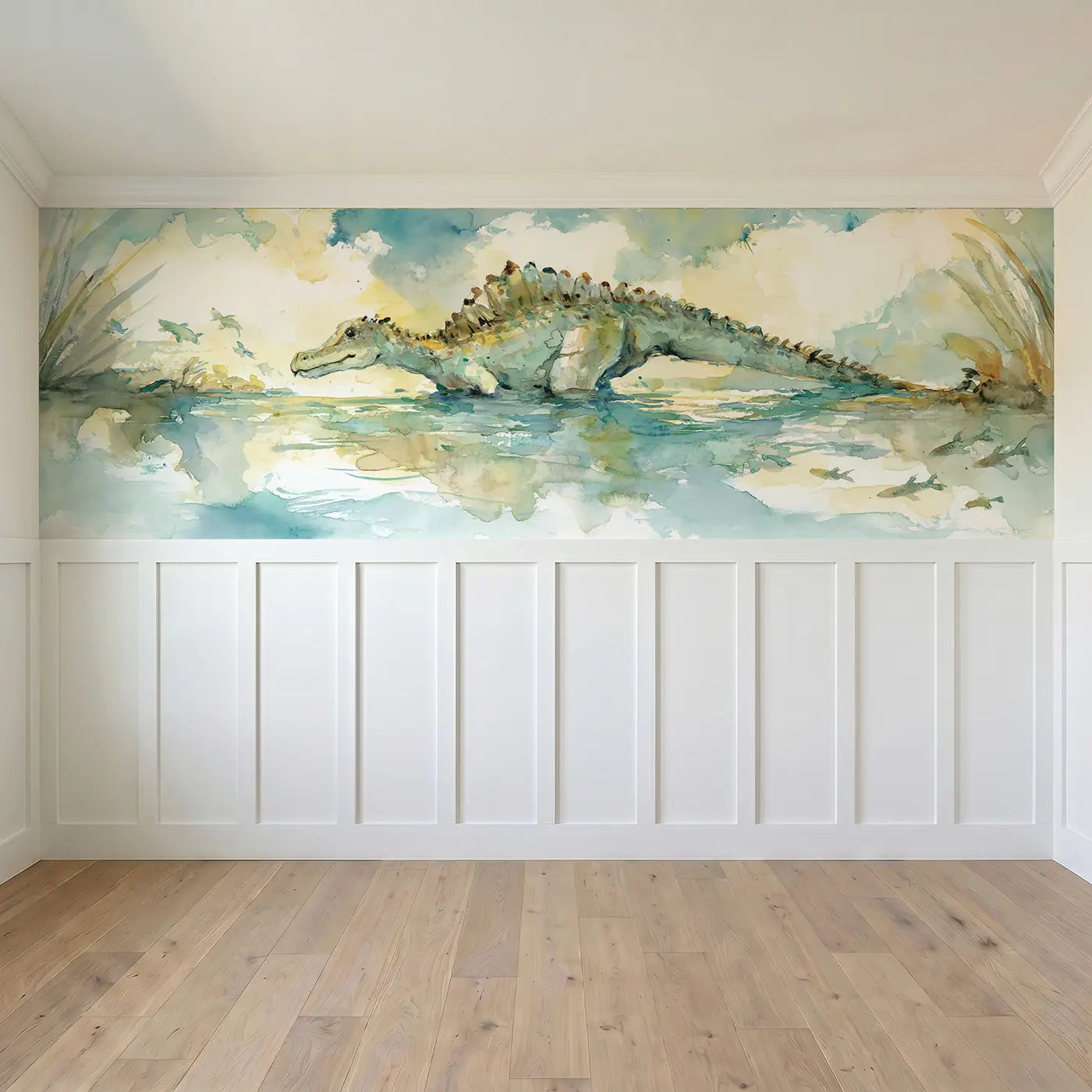 Full panel view of Spinosaurus River Soft Glide Wainscoting Wallpaper by Whimsy Tots