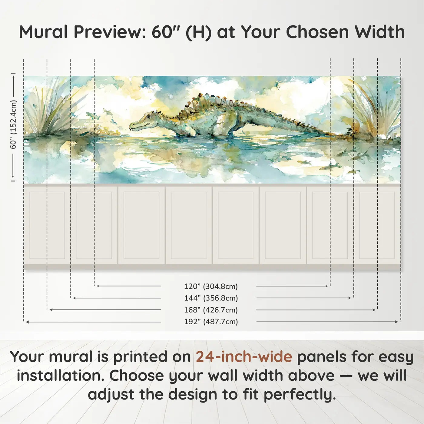 Panel dimensions for Spinosaurus River Soft Glide Wainscoting Wallpaper by Whimsy Tots