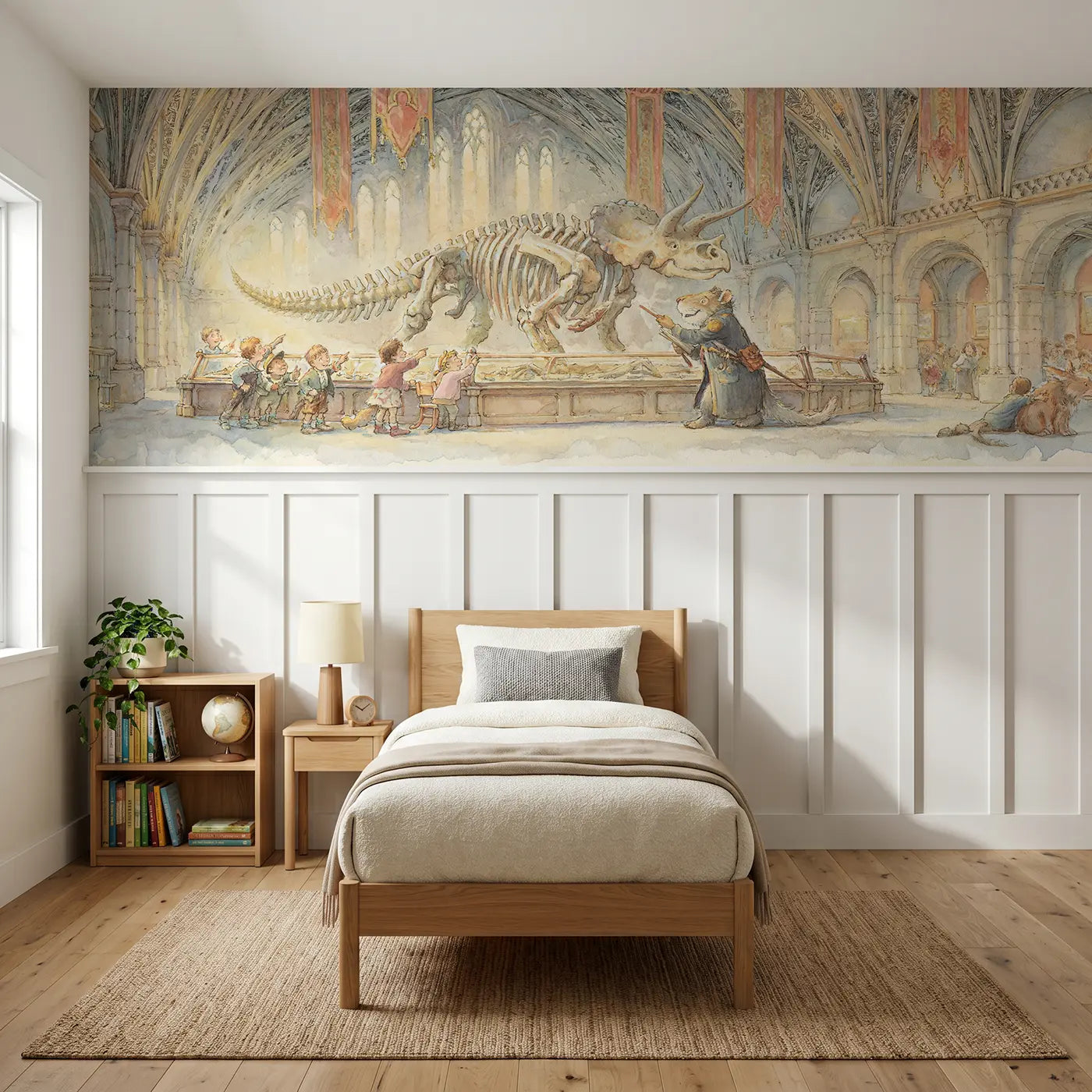 Storybook dinosaur museum children tour wainscoting wallpaper for bedroom by Whimsy Tots.