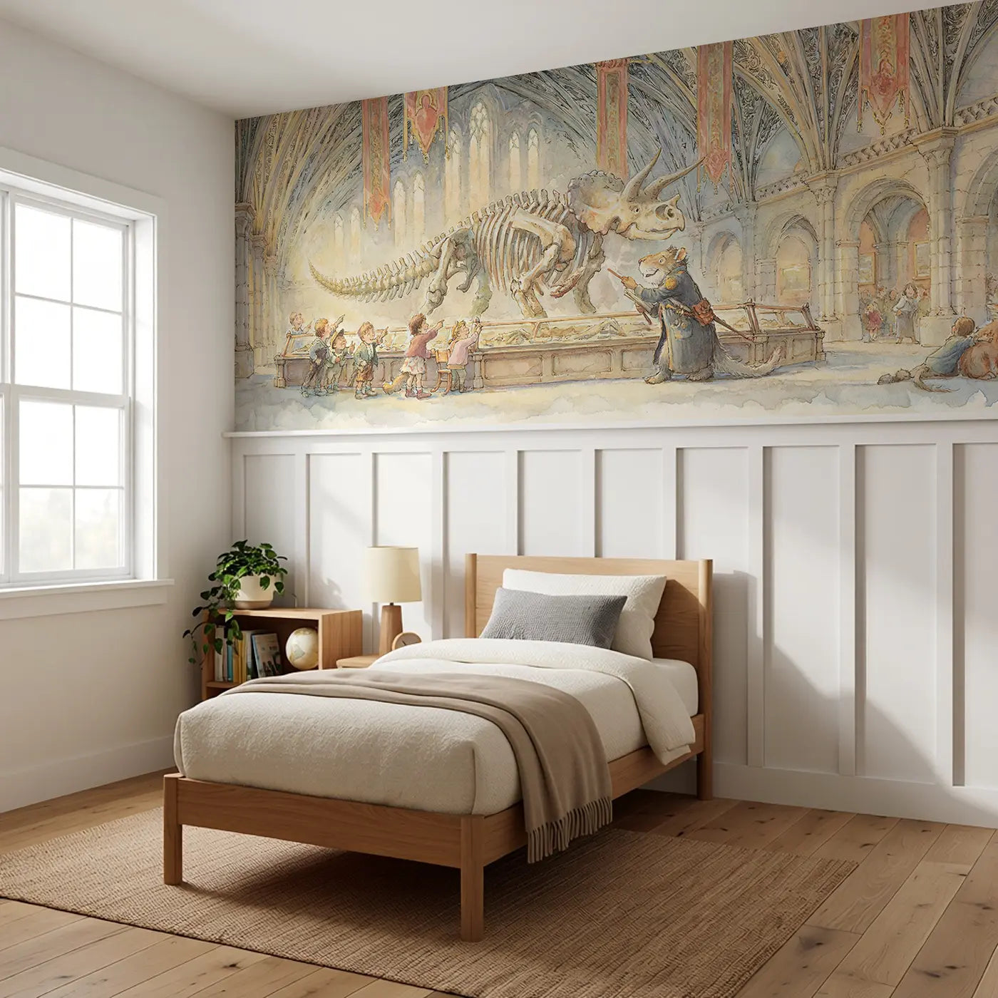 Dinosaur Museum Children Tour Wainscoting Wallpaper styled in a kids bedroom by Whimsy Tots