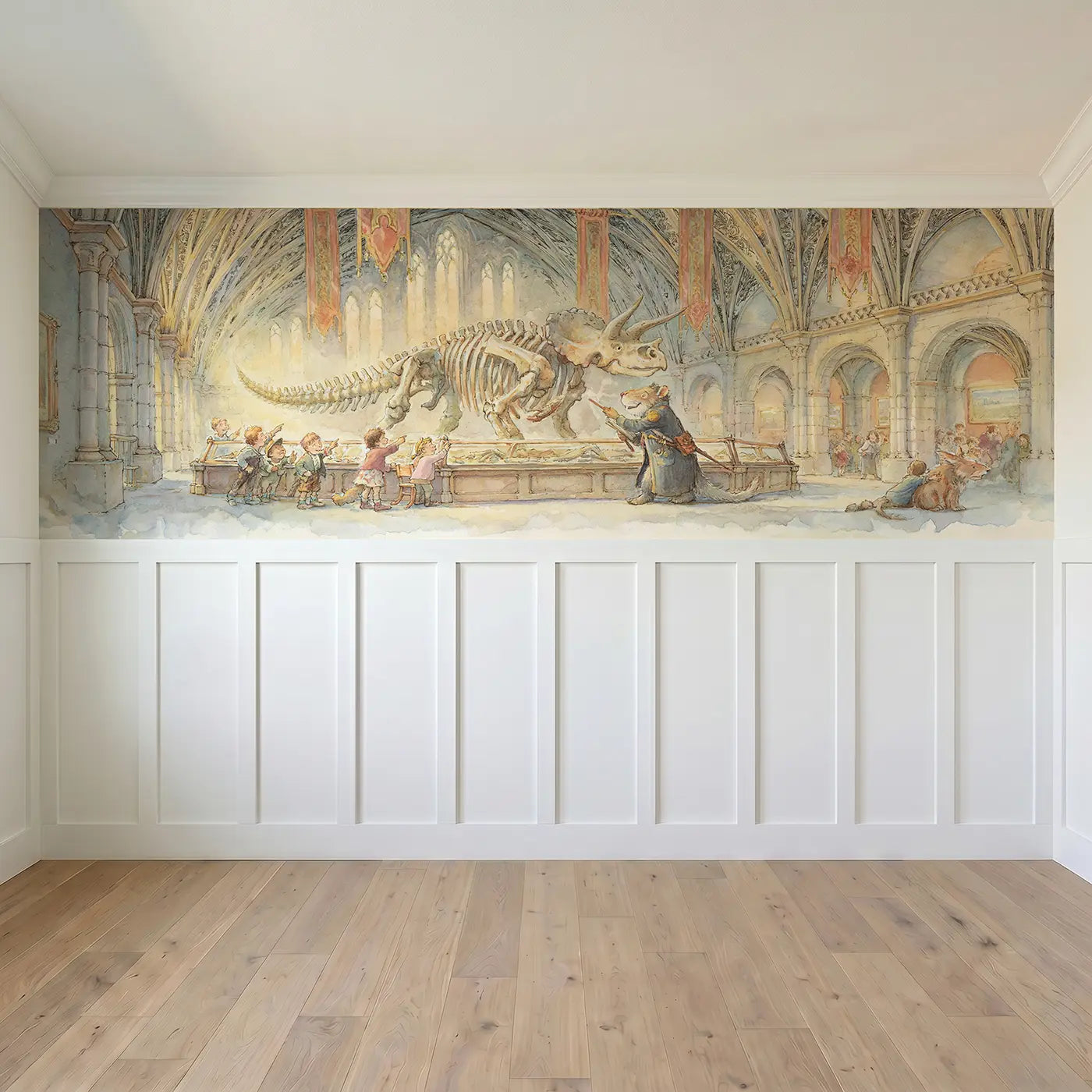 Full panel view of Dinosaur Museum Children Tour Wainscoting Wallpaper by Whimsy Tots