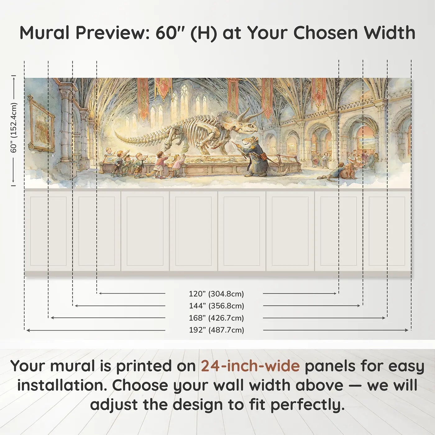 Panel dimensions for Dinosaur Museum Children Tour Wainscoting Wallpaper by Whimsy Tots