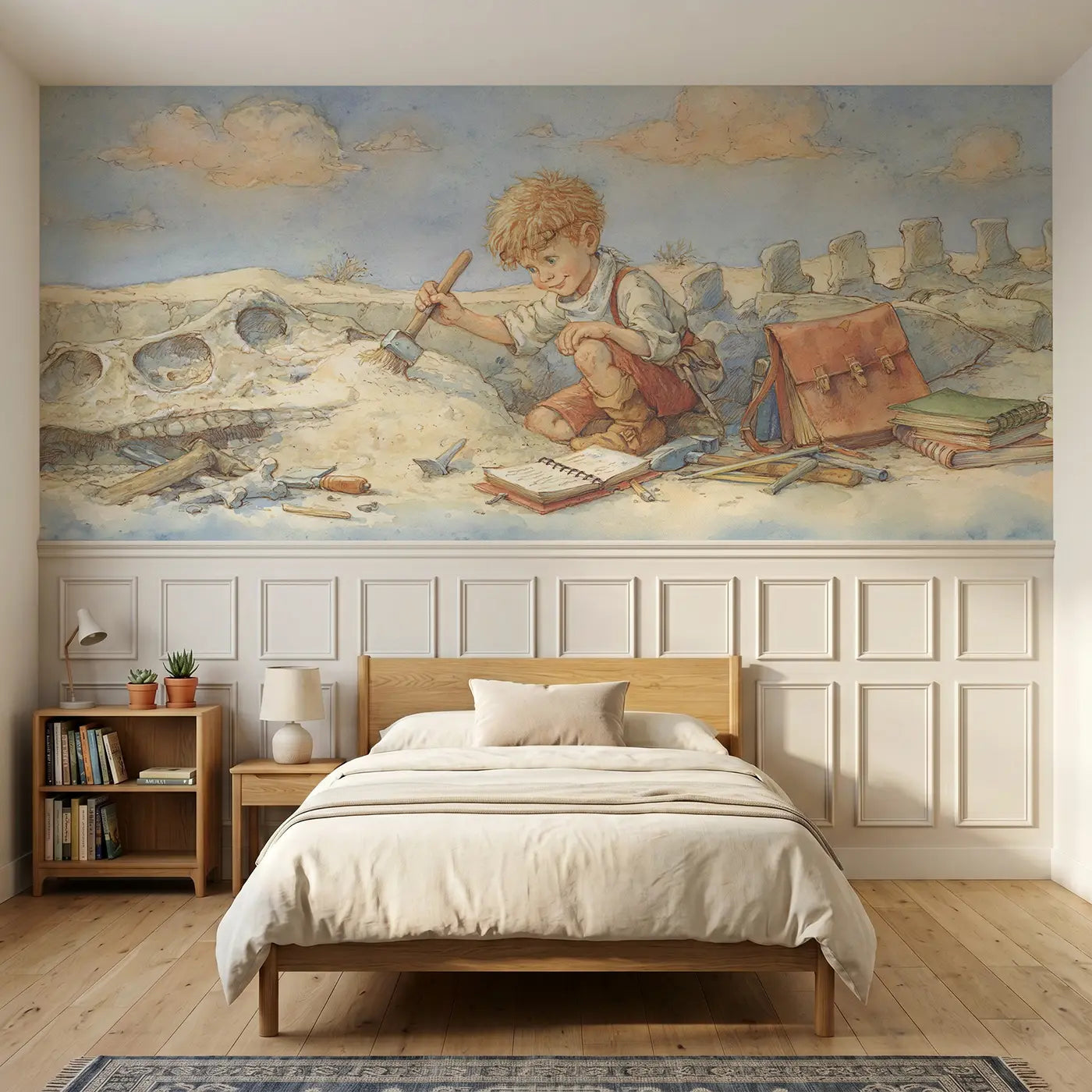 Storybook paleontologist desert dig wainscoting wallpaper for bedroom by Whimsy Tots.
