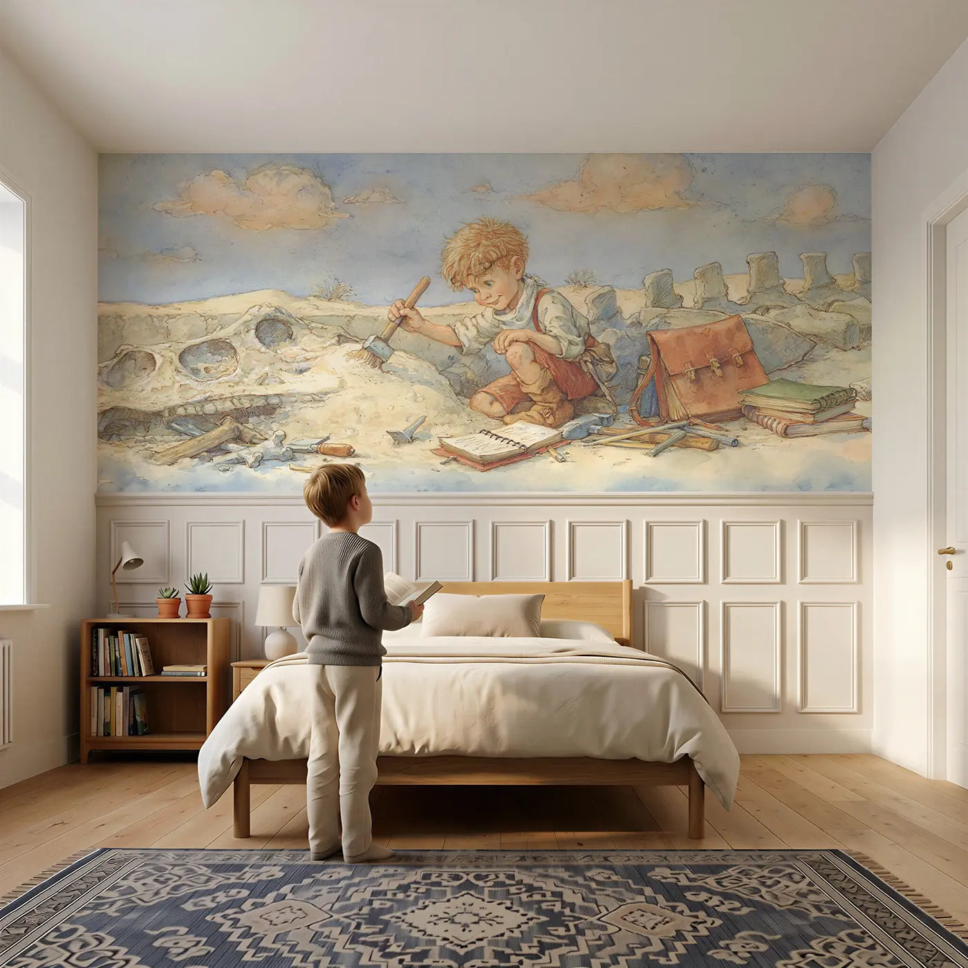 Child reading near Paleontologist Desert Dig Wainscoting Wallpaper by Whimsy Tots