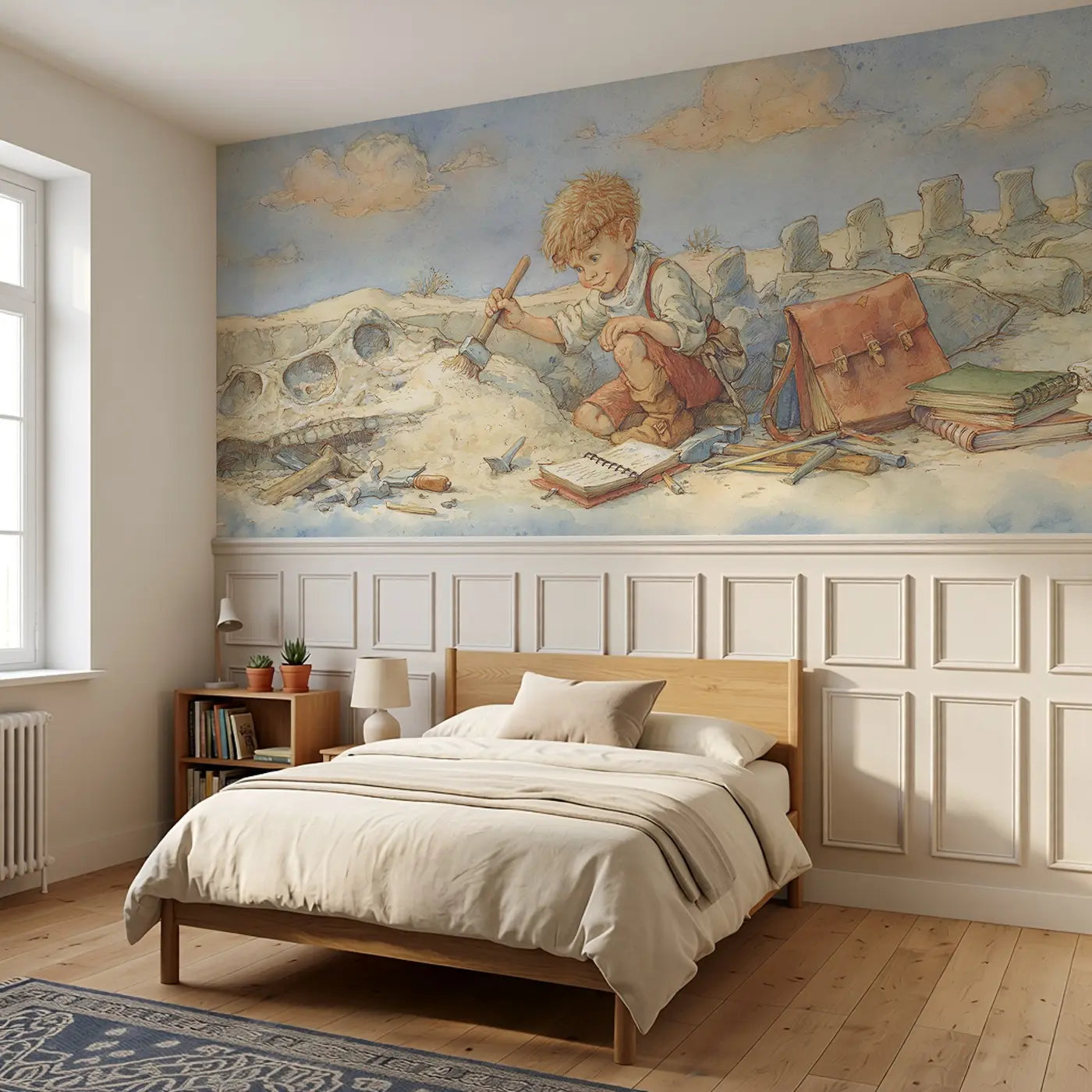 Paleontologist Desert Dig Wainscoting Wallpaper styled in a kids bedroom by Whimsy Tots