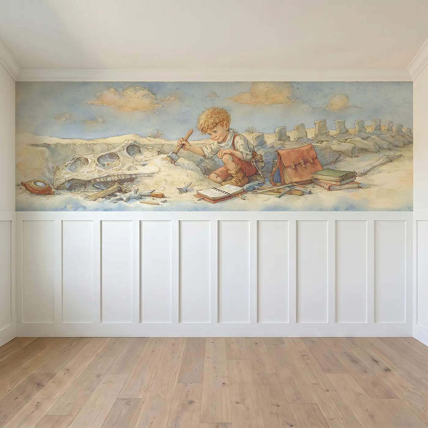 Full panel view of Paleontologist Desert Dig Wainscoting Wallpaper by Whimsy Tots