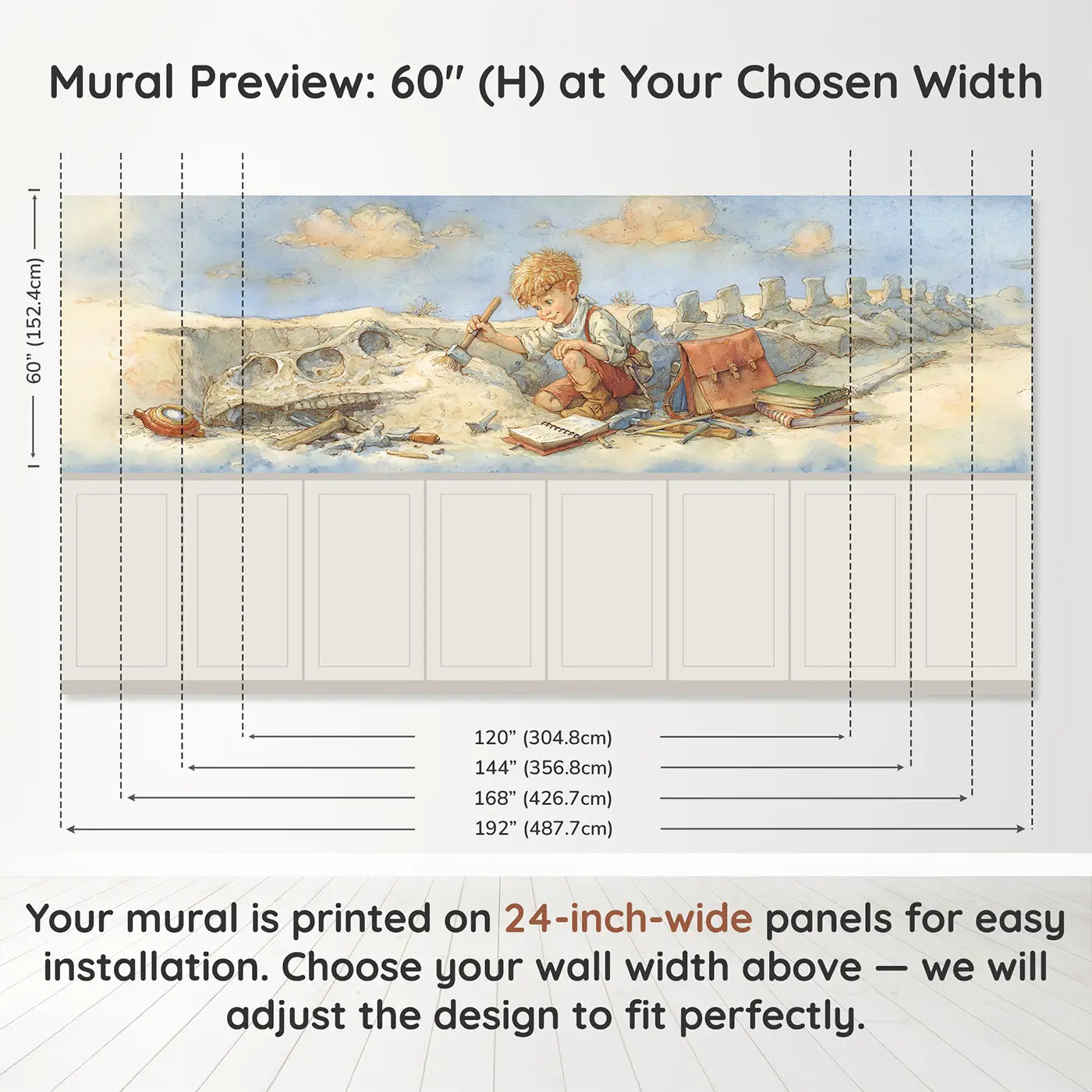Panel dimensions for Paleontologist Desert Dig Wainscoting Wallpaper by Whimsy Tots