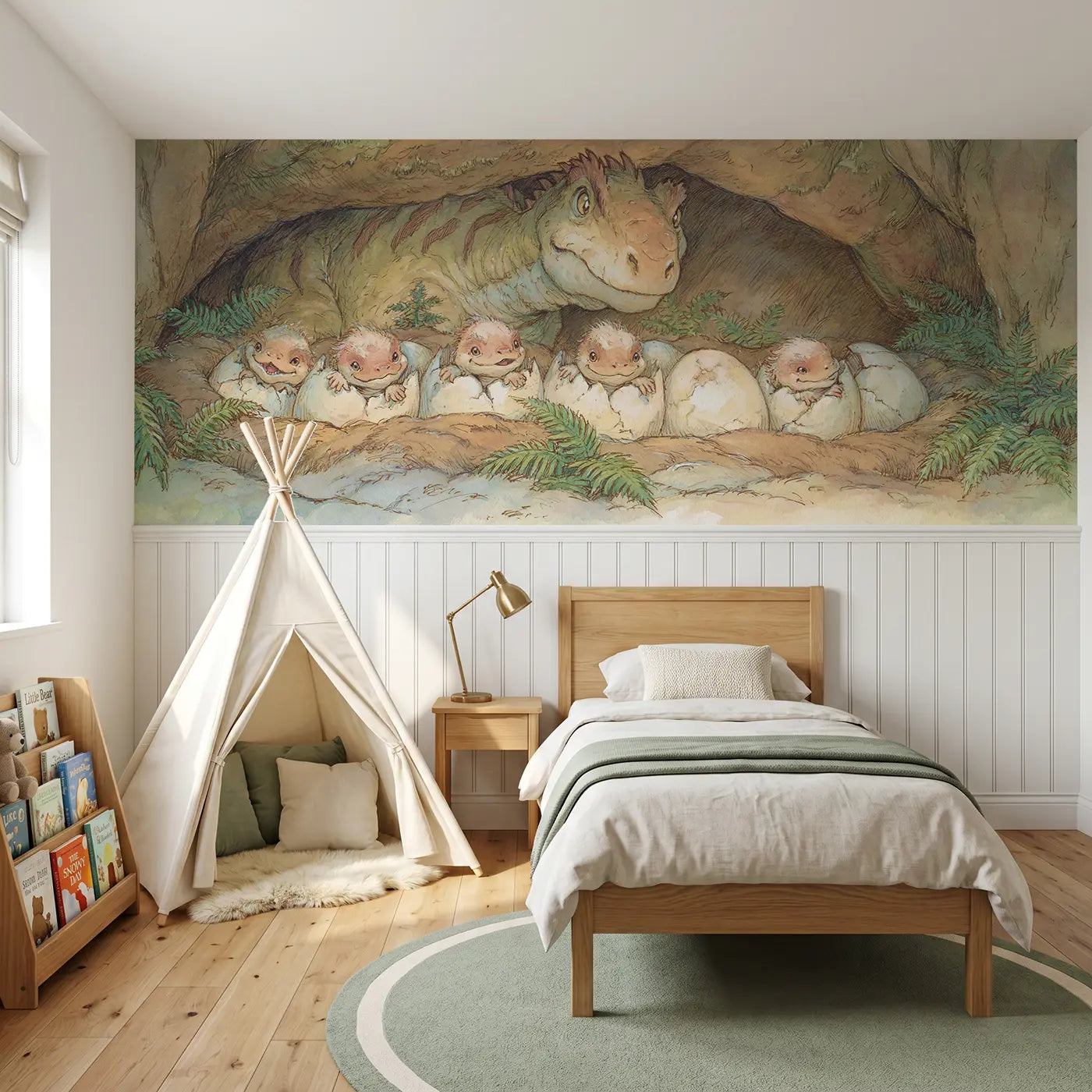 Storybook baby dinosaur hatch day wainscoting wallpaper for nursery by Whimsy Tots.