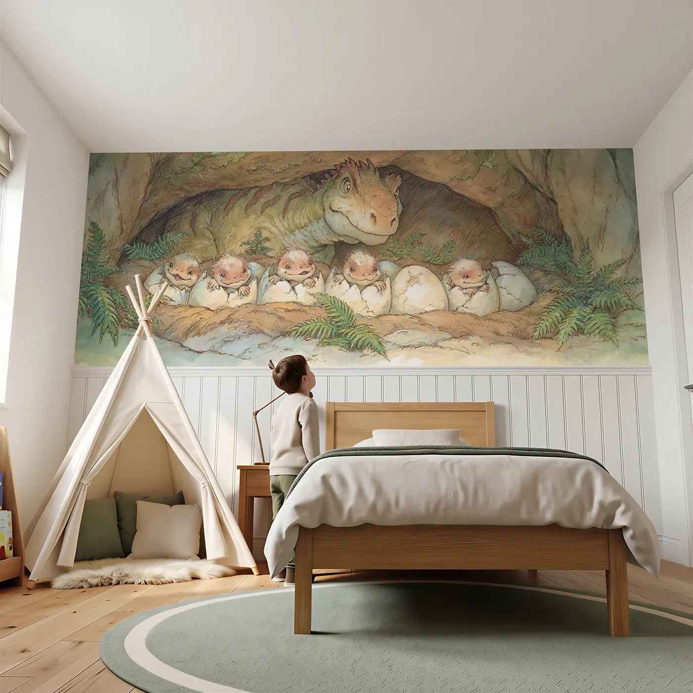 Child reading near Baby Dinosaur Hatch Day Wainscoting Wallpaper by Whimsy Tots