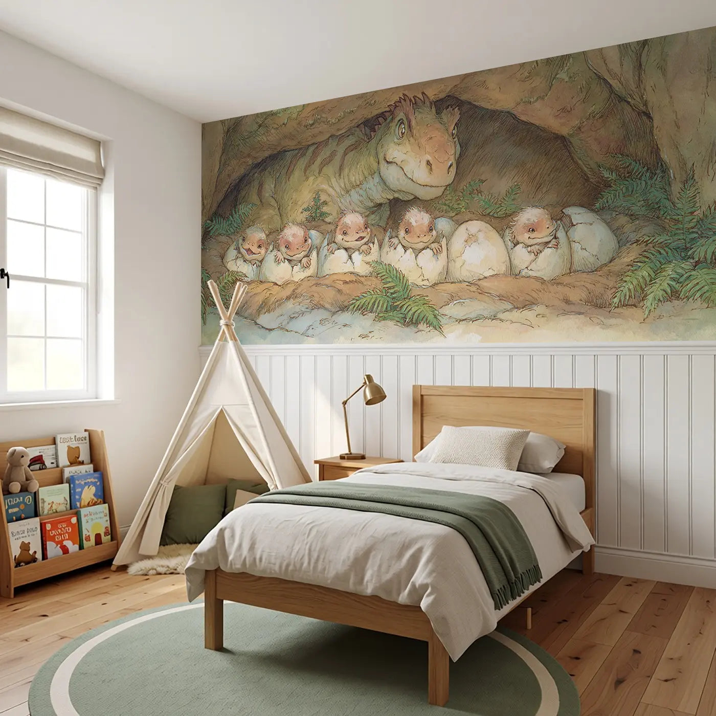 Baby Dinosaur Hatch Day Wainscoting Wallpaper styled in a kids bedroom by Whimsy Tots