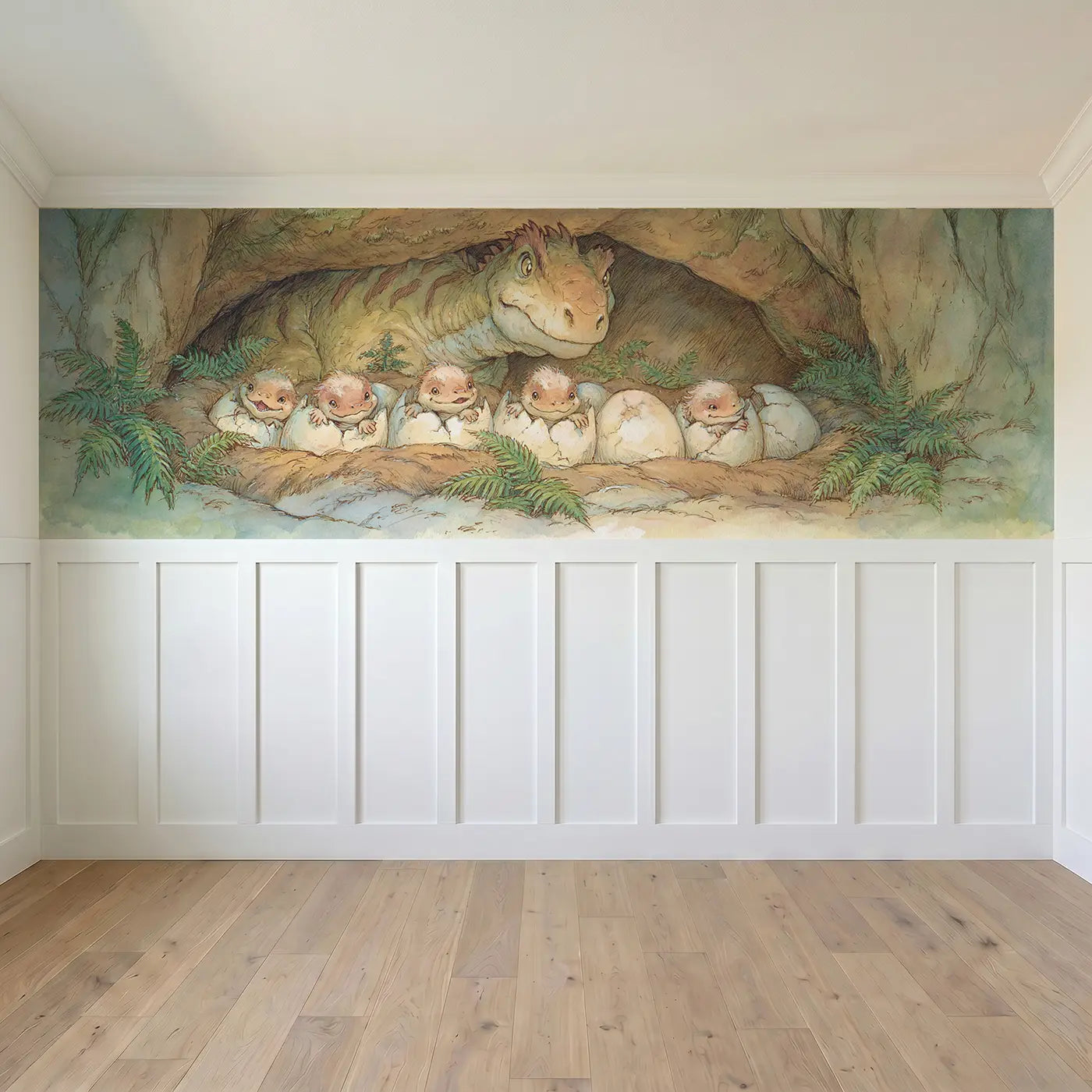 Full panel view of Baby Dinosaur Hatch Day Wainscoting Wallpaper by Whimsy Tots