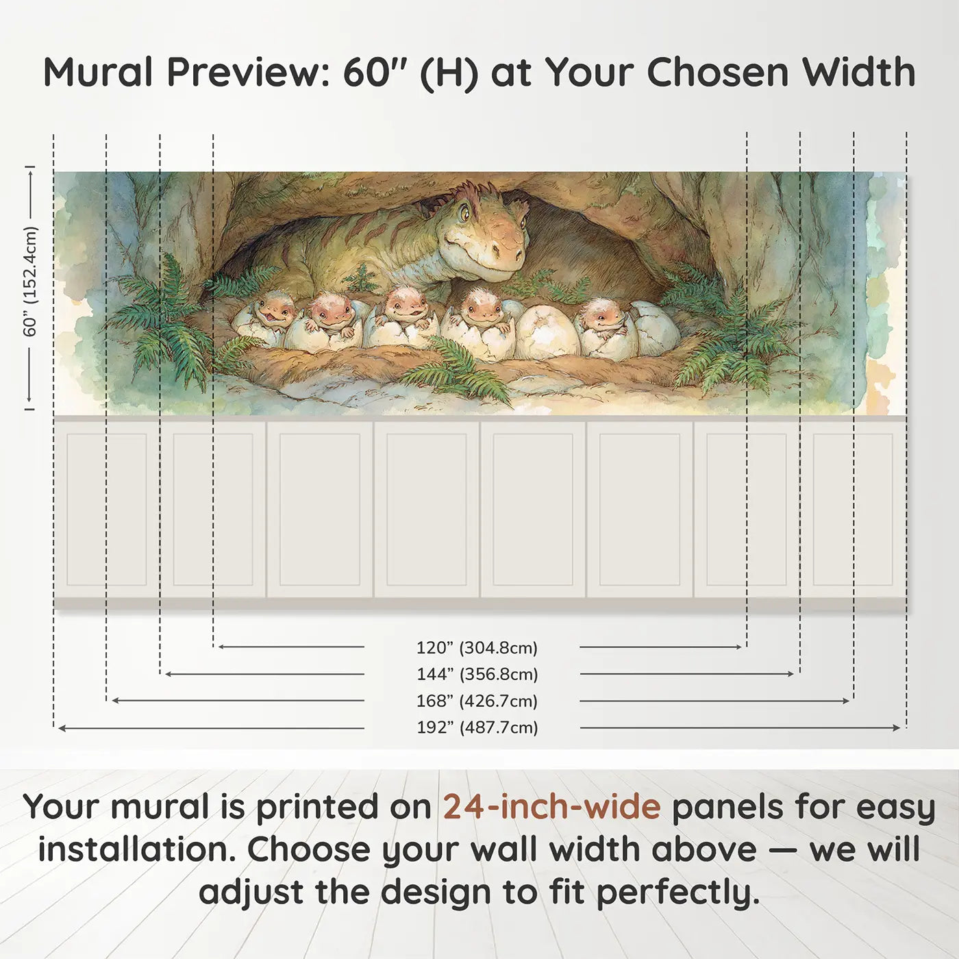 Panel dimensions for Baby Dinosaur Hatch Day Wainscoting Wallpaper by Whimsy Tots