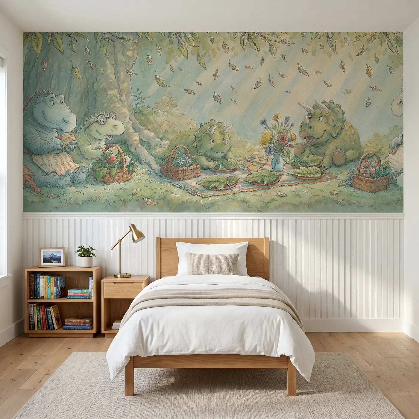 Storybook dinosaur friends picnic clearing wainscoting wallpaper for bedroom by Whimsy Tots.