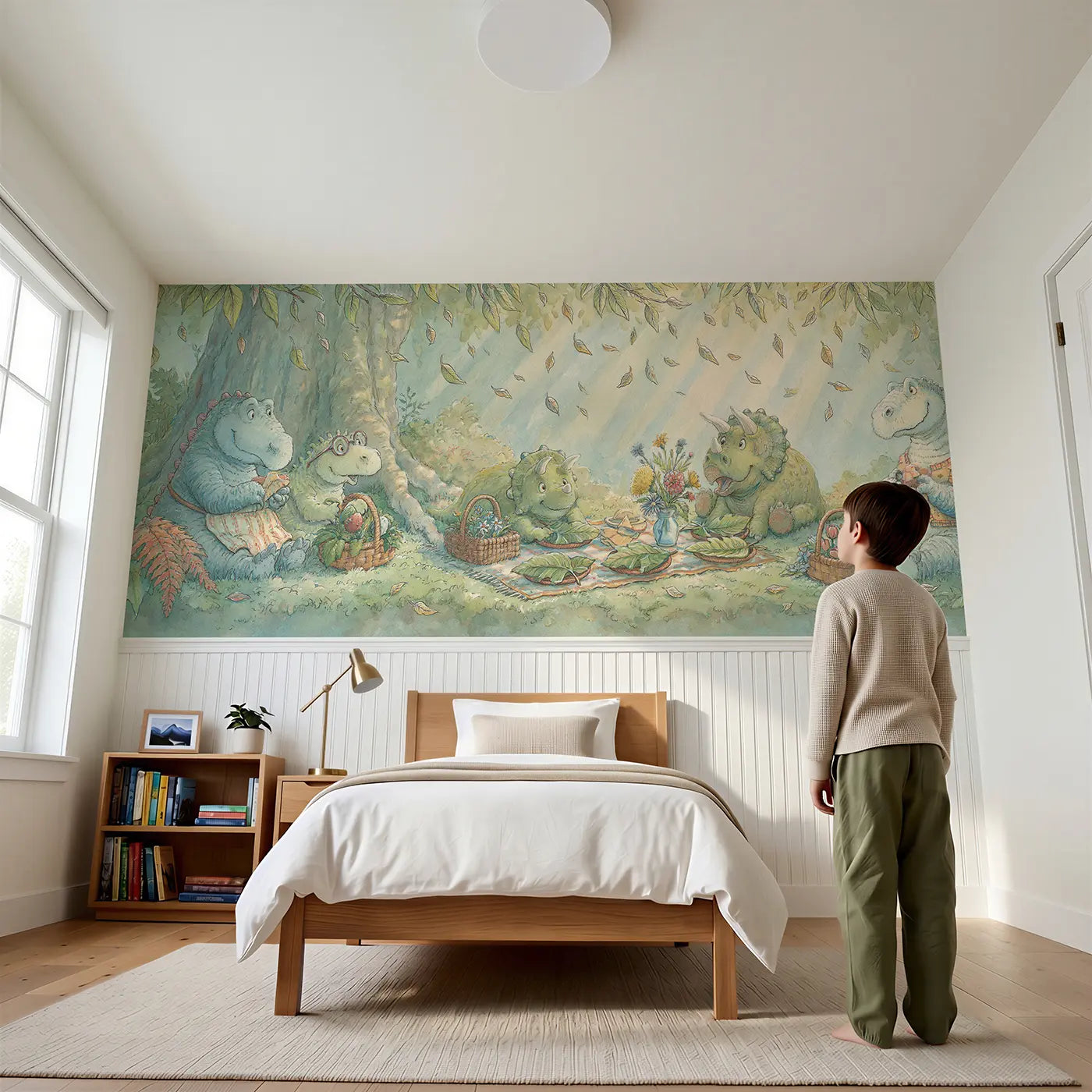 Child reading near Dinosaur Friends Picnic Clearing Wainscoting Wallpaper by Whimsy Tots