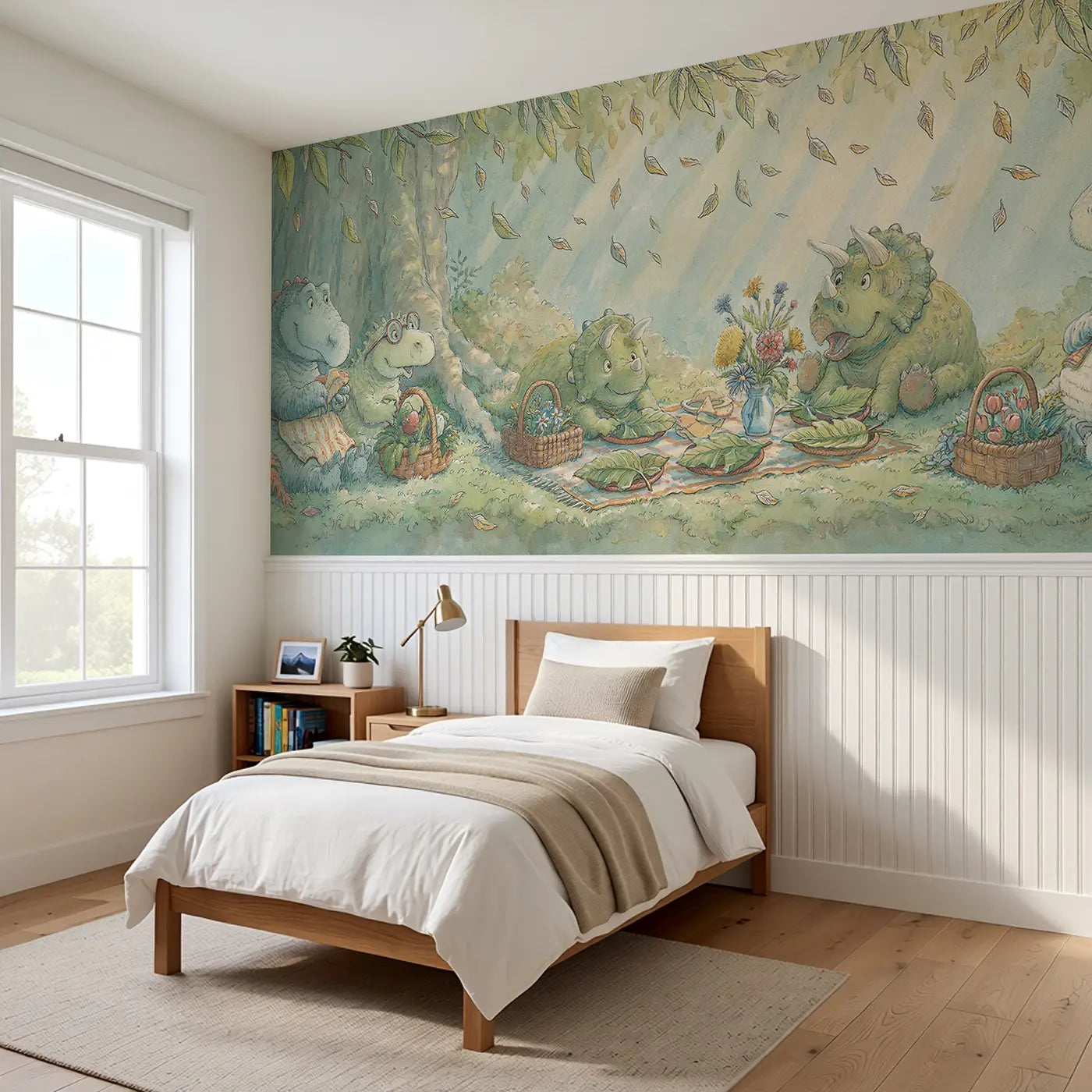 Dinosaur Friends Picnic Clearing Wainscoting Wallpaper styled in a kids bedroom by Whimsy Tots