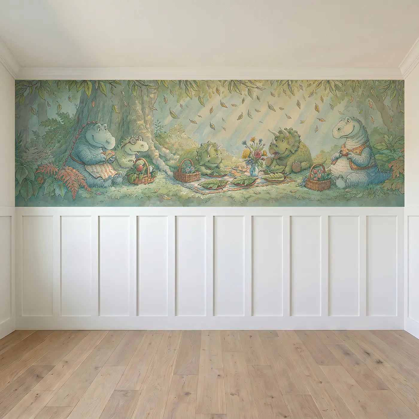 Full panel view of Dinosaur Friends Picnic Clearing Wainscoting Wallpaper by Whimsy Tots
