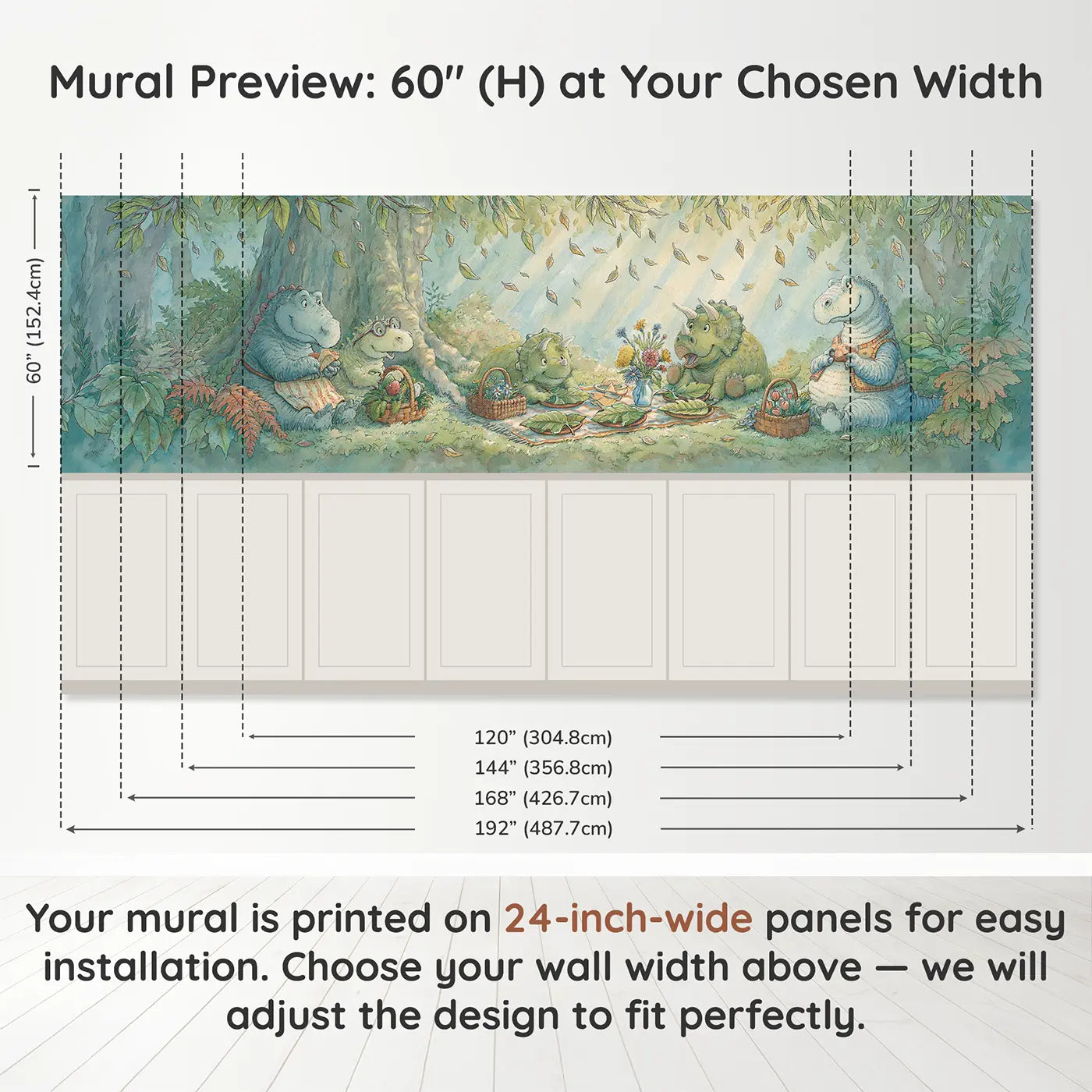 Panel dimensions for Dinosaur Friends Picnic Clearing Wainscoting Wallpaper by Whimsy Tots