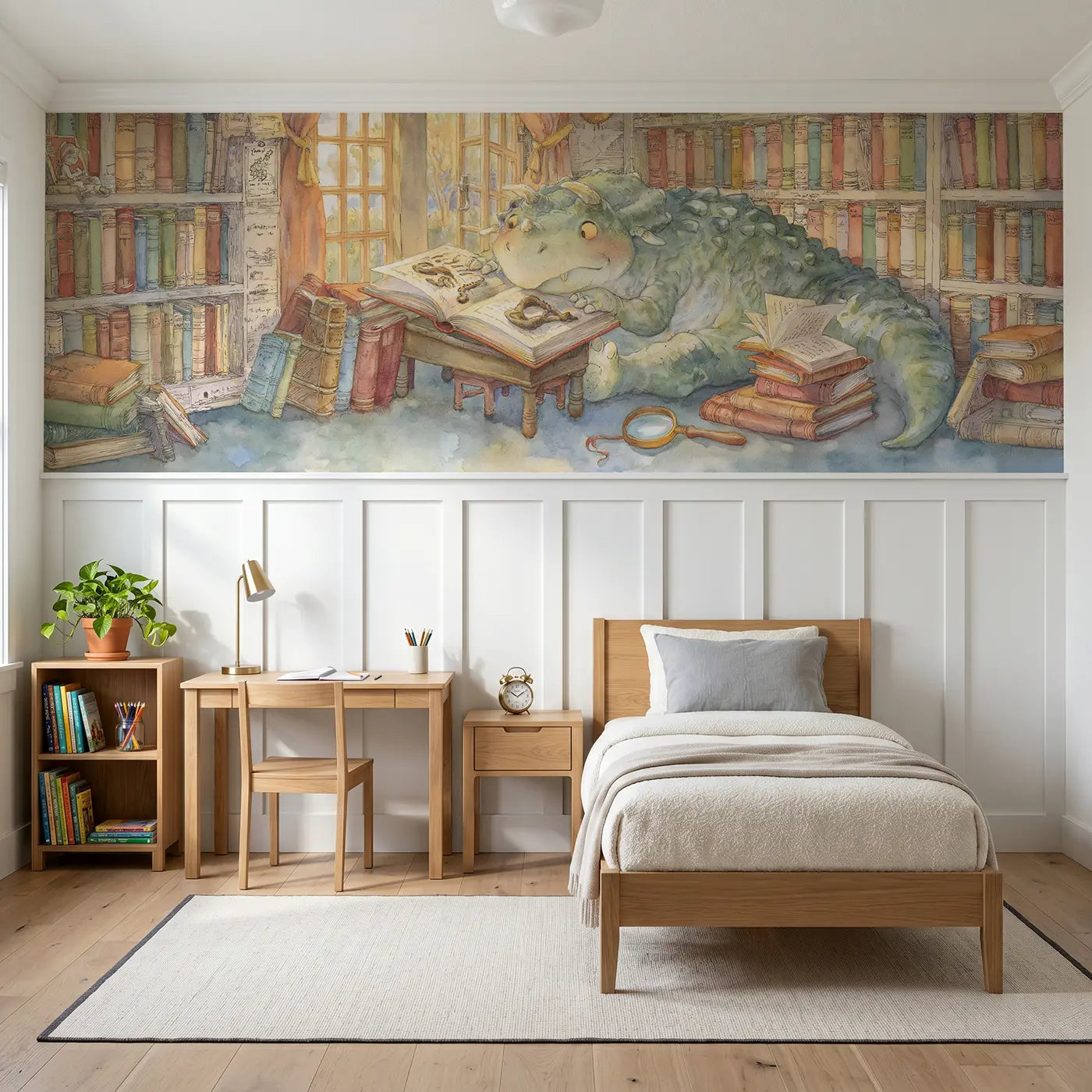 Storybook dinosaur library fossil book wainscoting wallpaper for bedroom by Whimsy Tots.