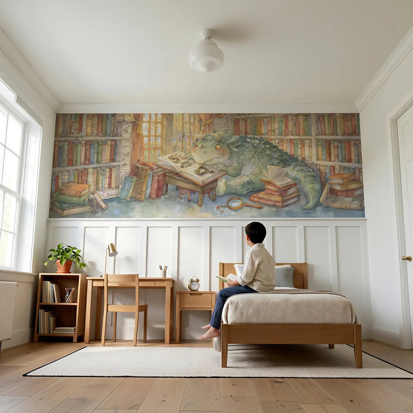 Child reading near Dinosaur Library Fossil Book Wainscoting Wallpaper by Whimsy Tots