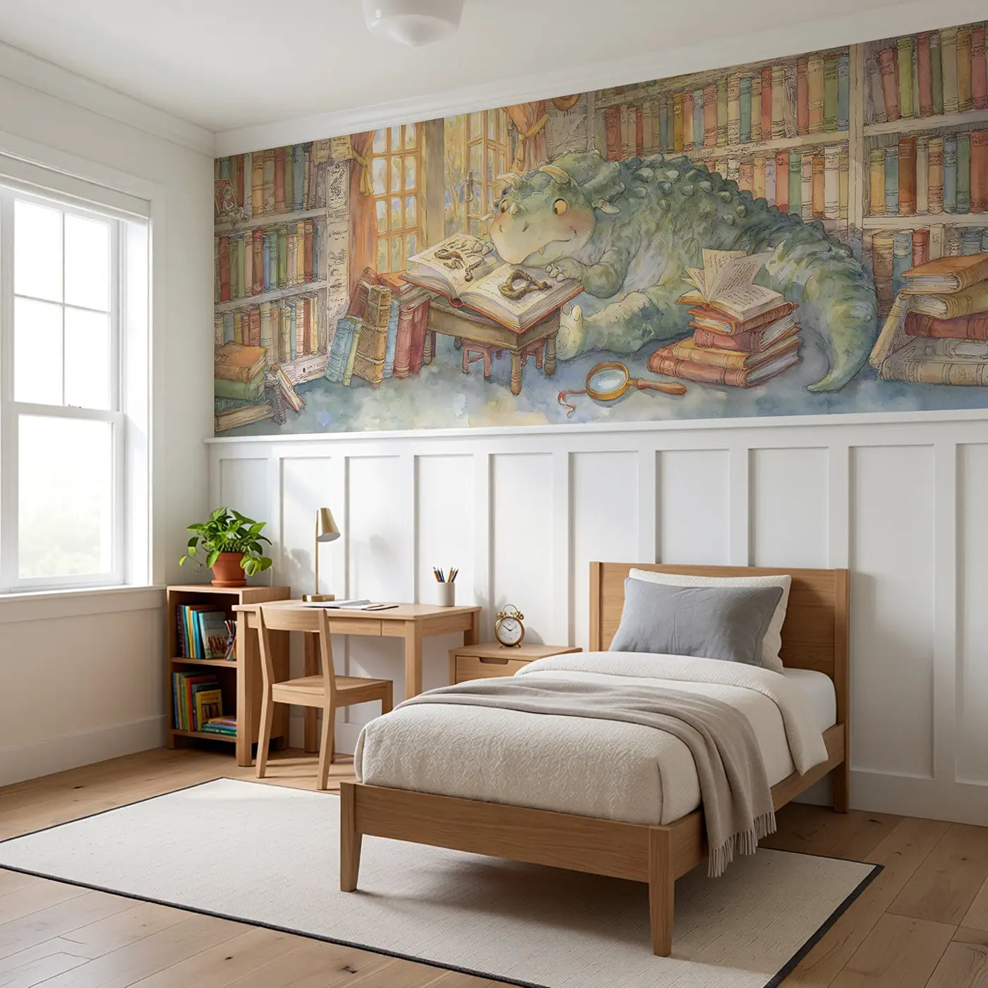 Dinosaur Library Fossil Book Wainscoting Wallpaper styled in a kids bedroom by Whimsy Tots