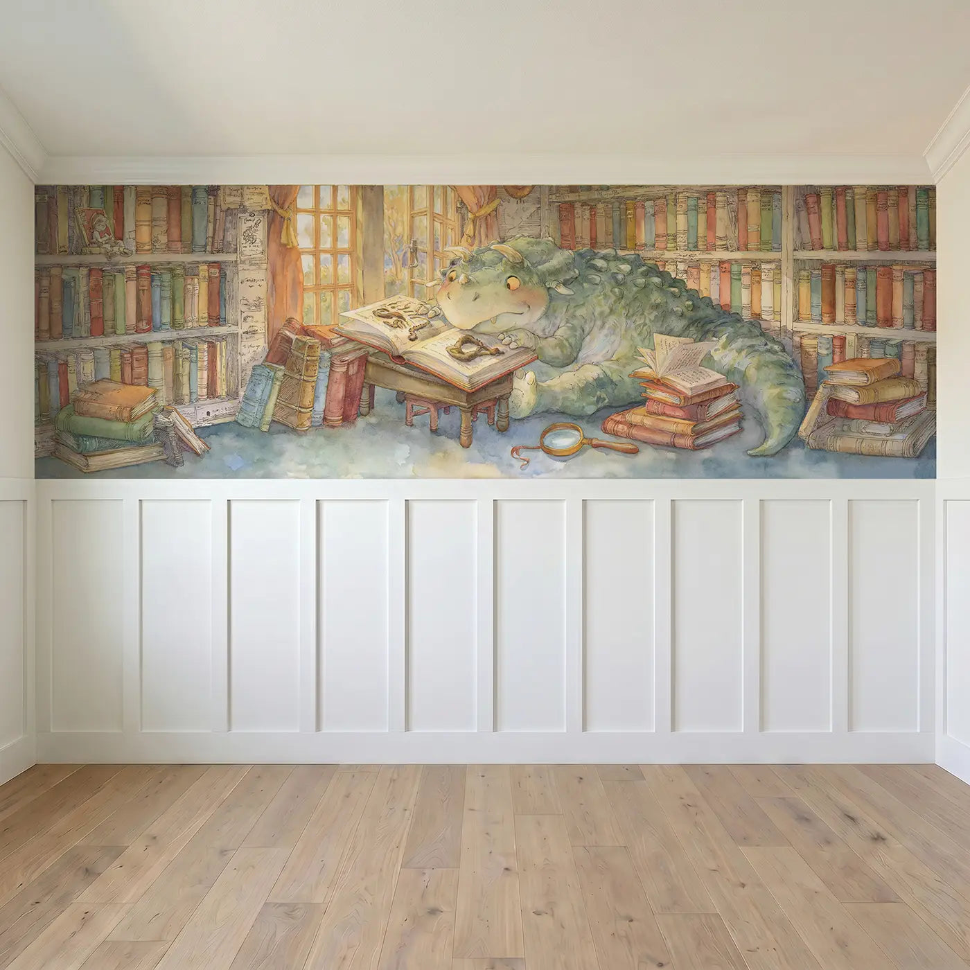 Full panel view of Dinosaur Library Fossil Book Wainscoting Wallpaper by Whimsy Tots