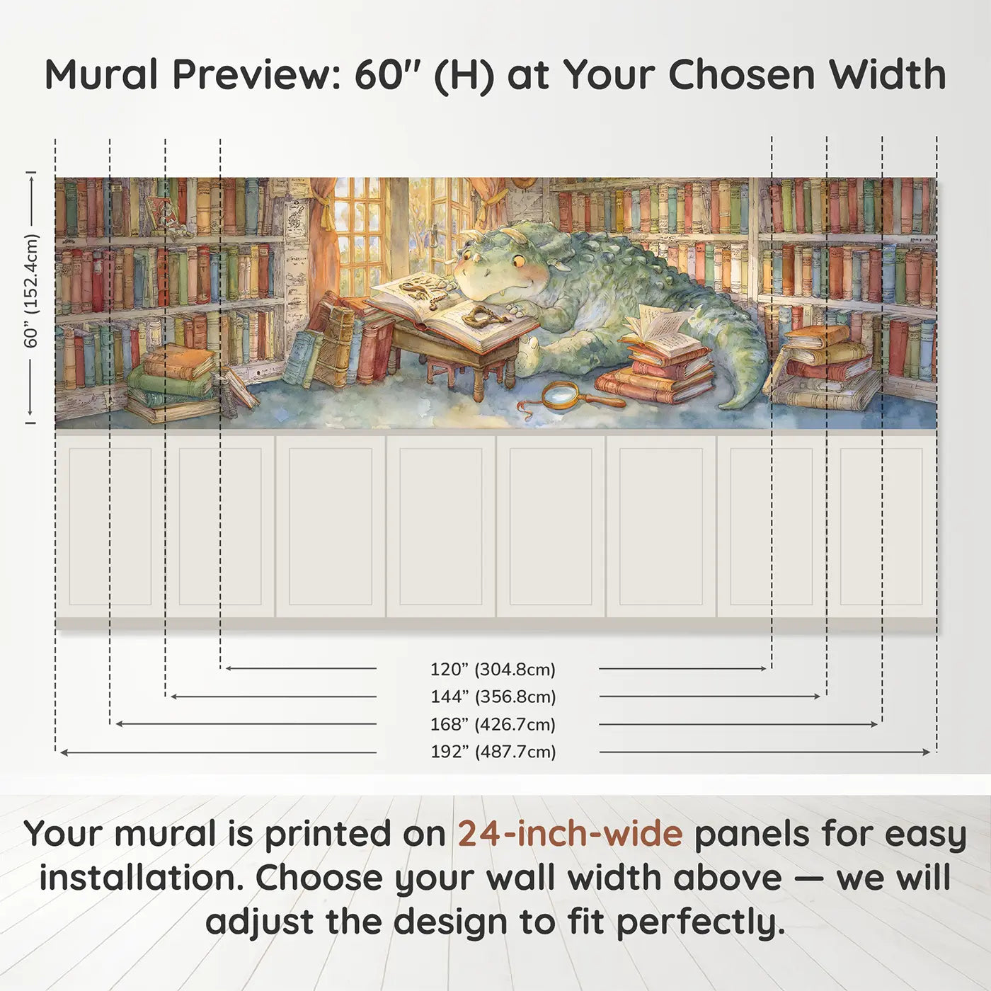 Panel dimensions for Dinosaur Library Fossil Book Wainscoting Wallpaper by Whimsy Tots