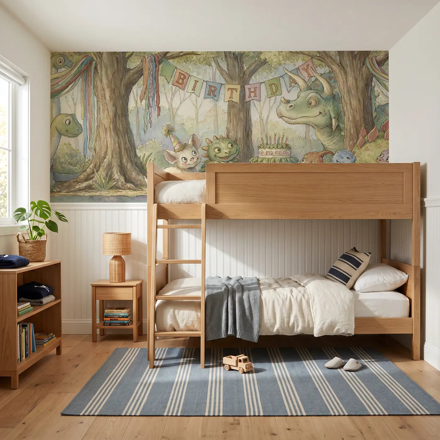 Storybook dinosaur birthday party jungle wainscoting wallpaper for bedroom by Whimsy Tots.