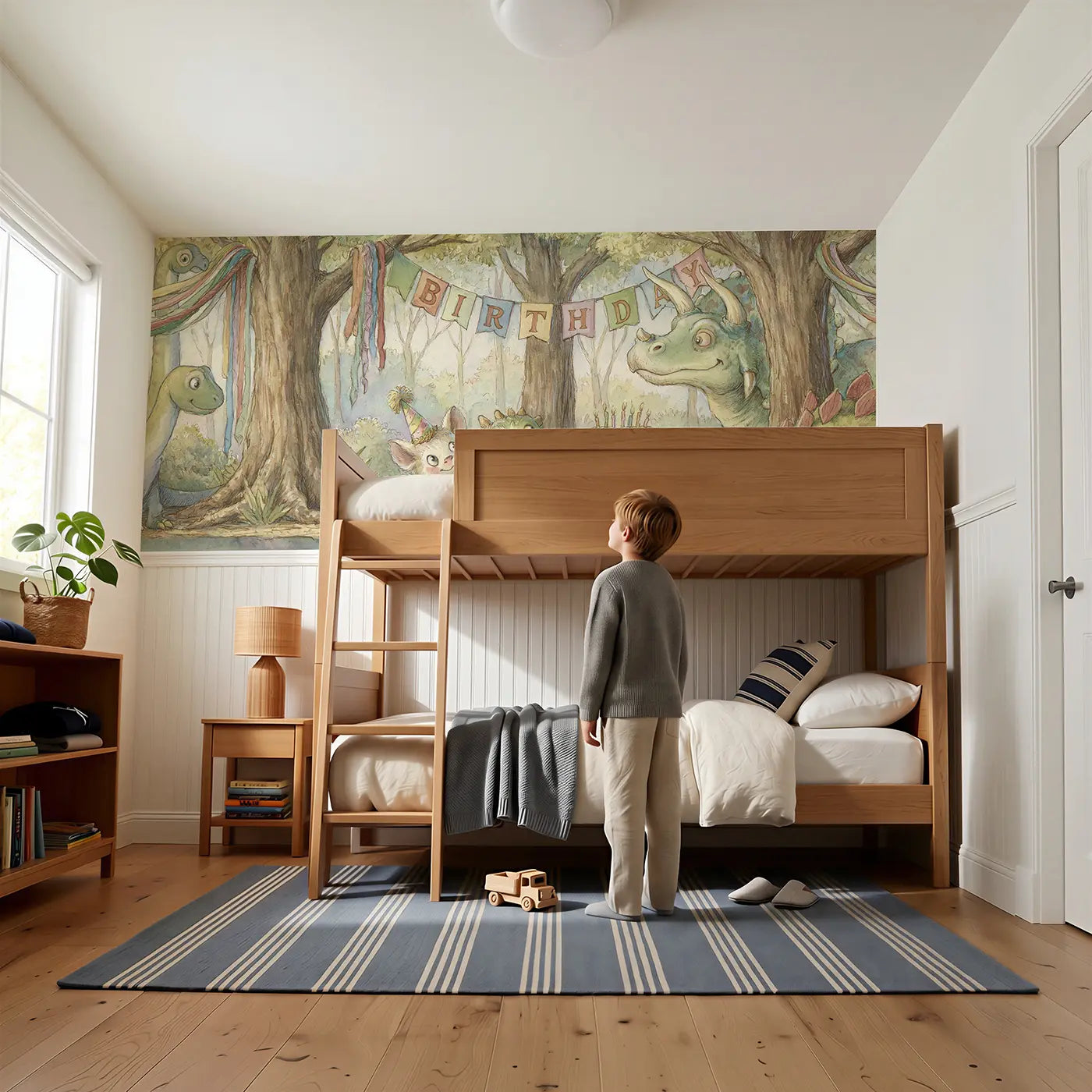 Child reading near Dinosaur Birthday Party Jungle Wainscoting Wallpaper by Whimsy Tots