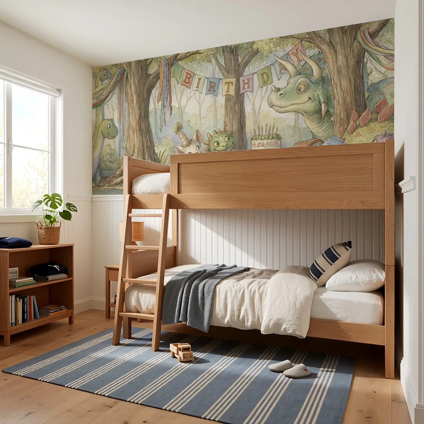 Dinosaur Birthday Party Jungle Wainscoting Wallpaper styled in a kids bedroom by Whimsy Tots